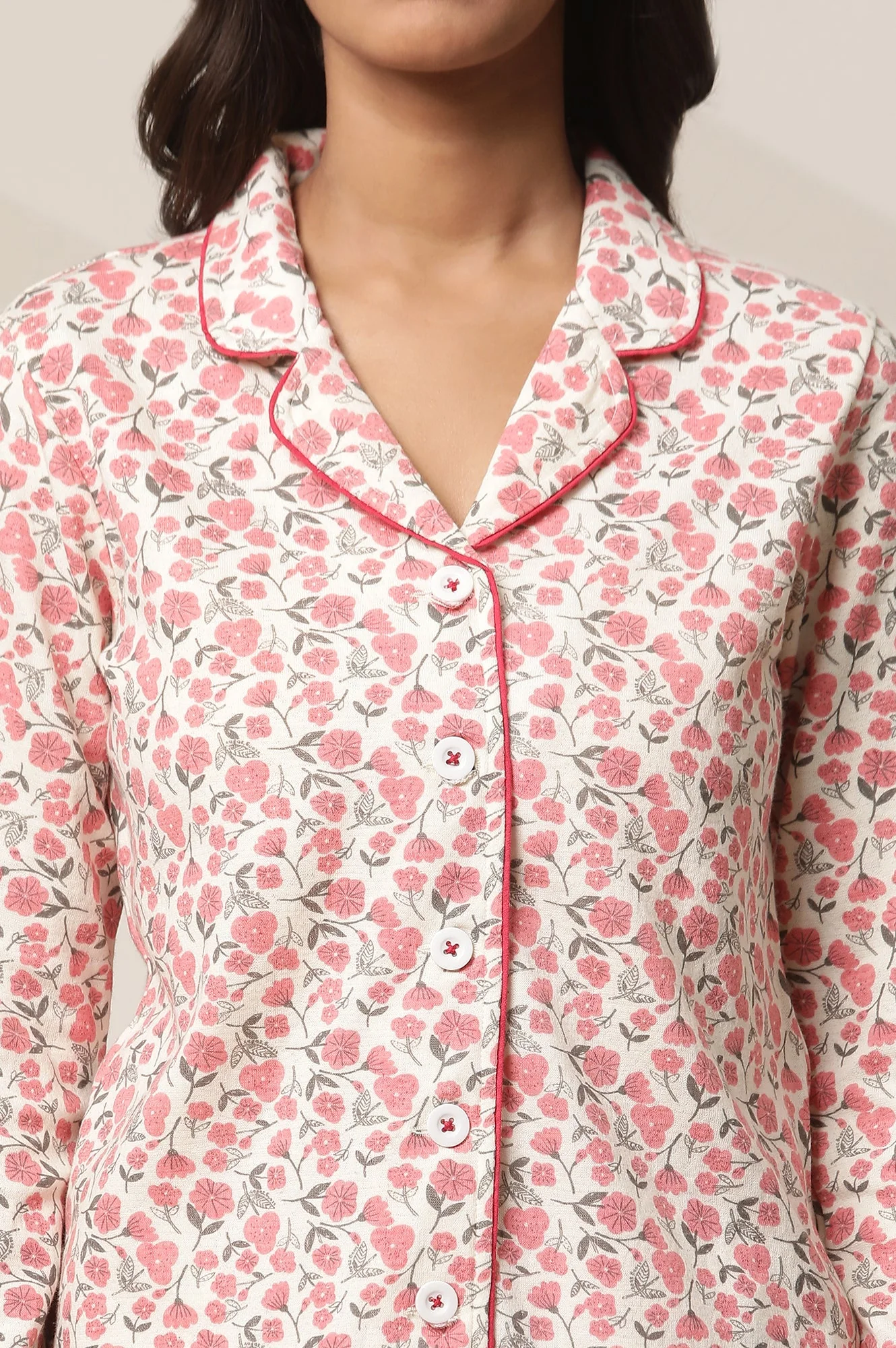 White and Pink Floral Printed Straight-fit Cotton Palazzo with Elasticated Waist - Image 6