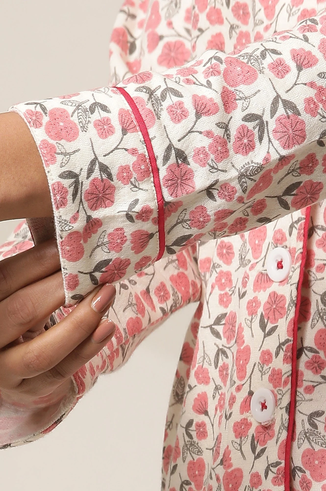 White and Pink Floral Printed Straight-fit Cotton Palazzo with Elasticated Waist - Image 8