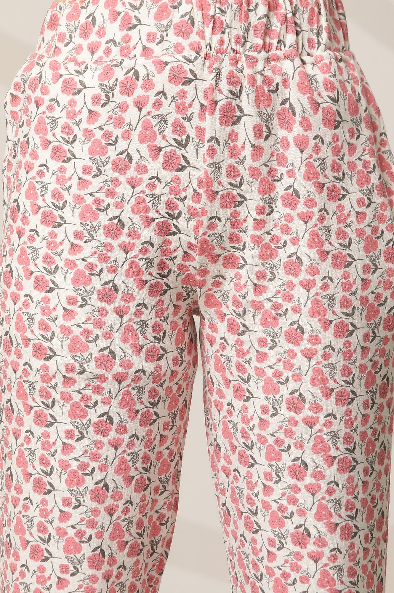 White and Pink Floral Printed Straight-fit Cotton Palazzo with Elasticated Waist - Image 9