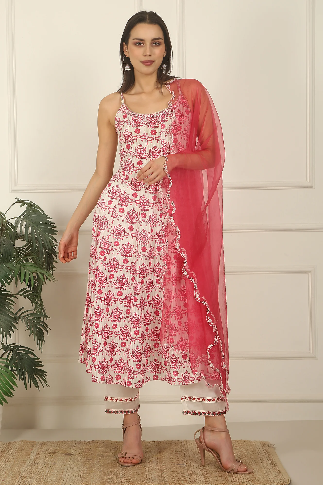 White and Pink Printed Cotton Lurex Anarkali Spaghetti Kurta, Pants and Dupatta Set - Image 3