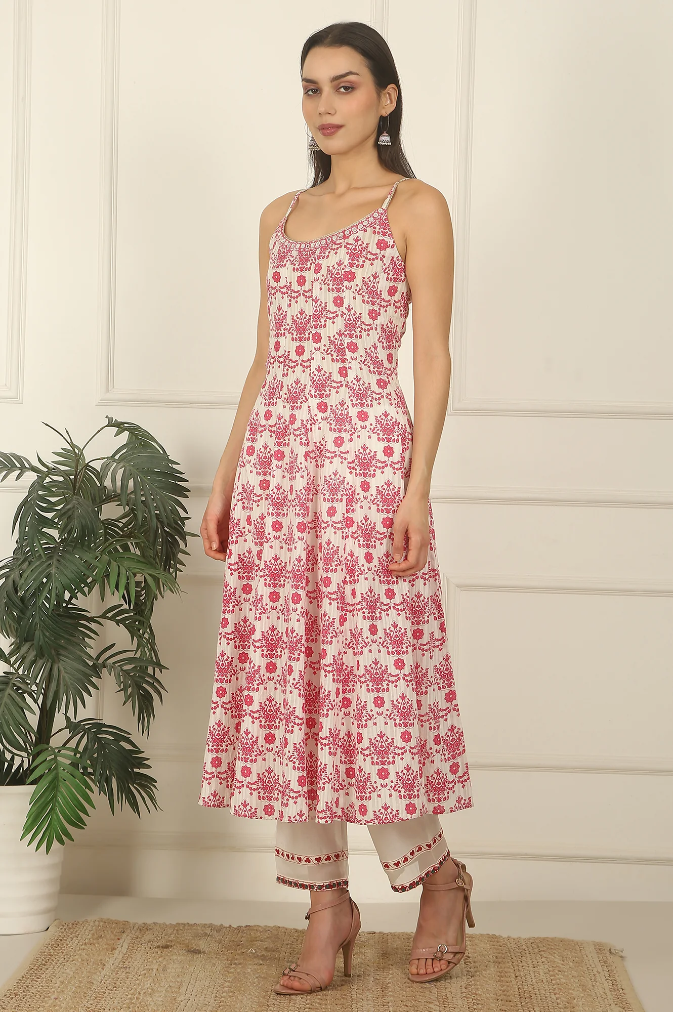 White and Pink Printed Cotton Lurex Anarkali Spaghetti Kurta, Pants and Dupatta Set - Image 5