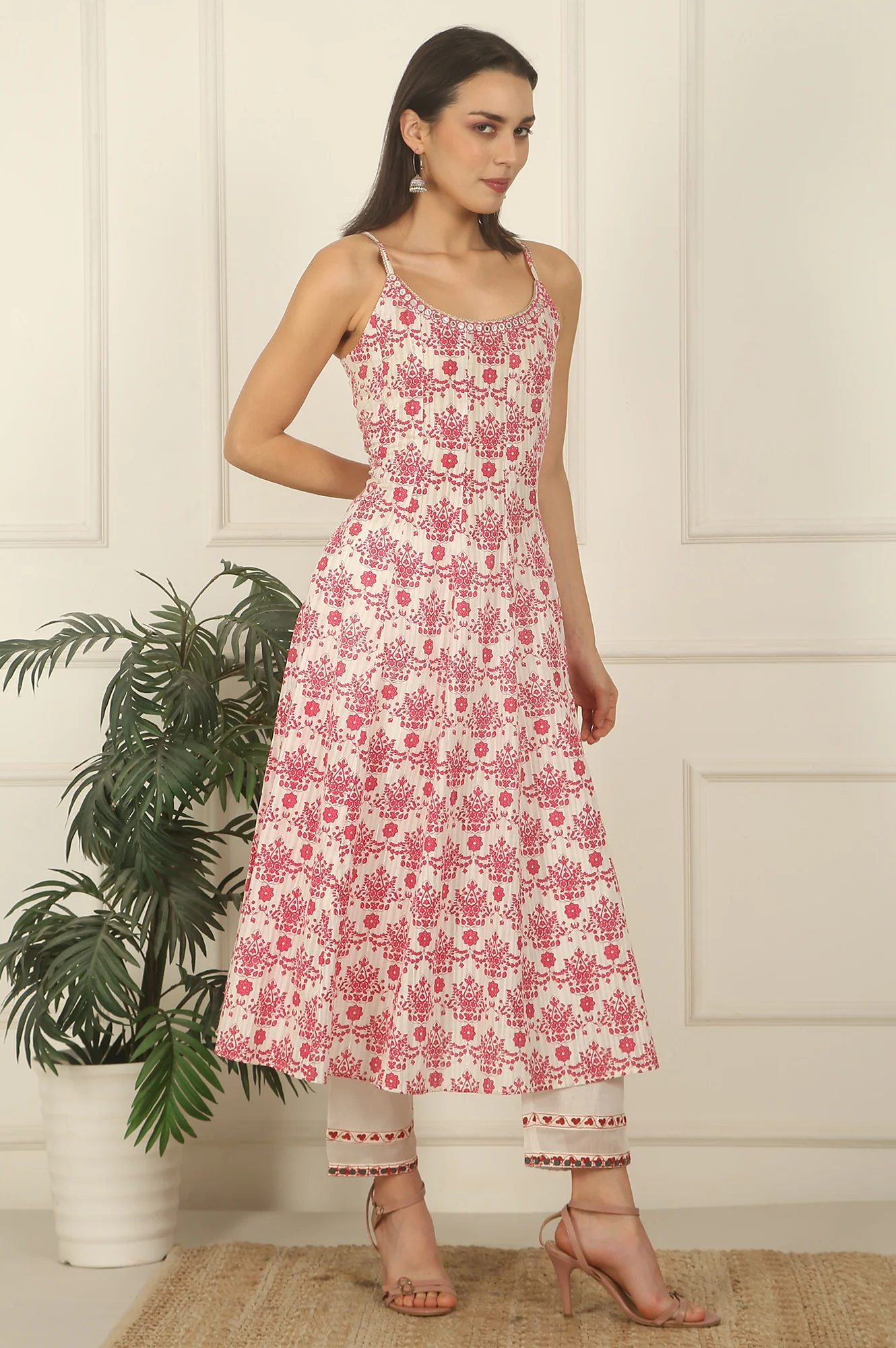 White and Pink Printed Cotton Lurex Anarkali Spaghetti Kurta, Pants and Dupatta Set - Image 7