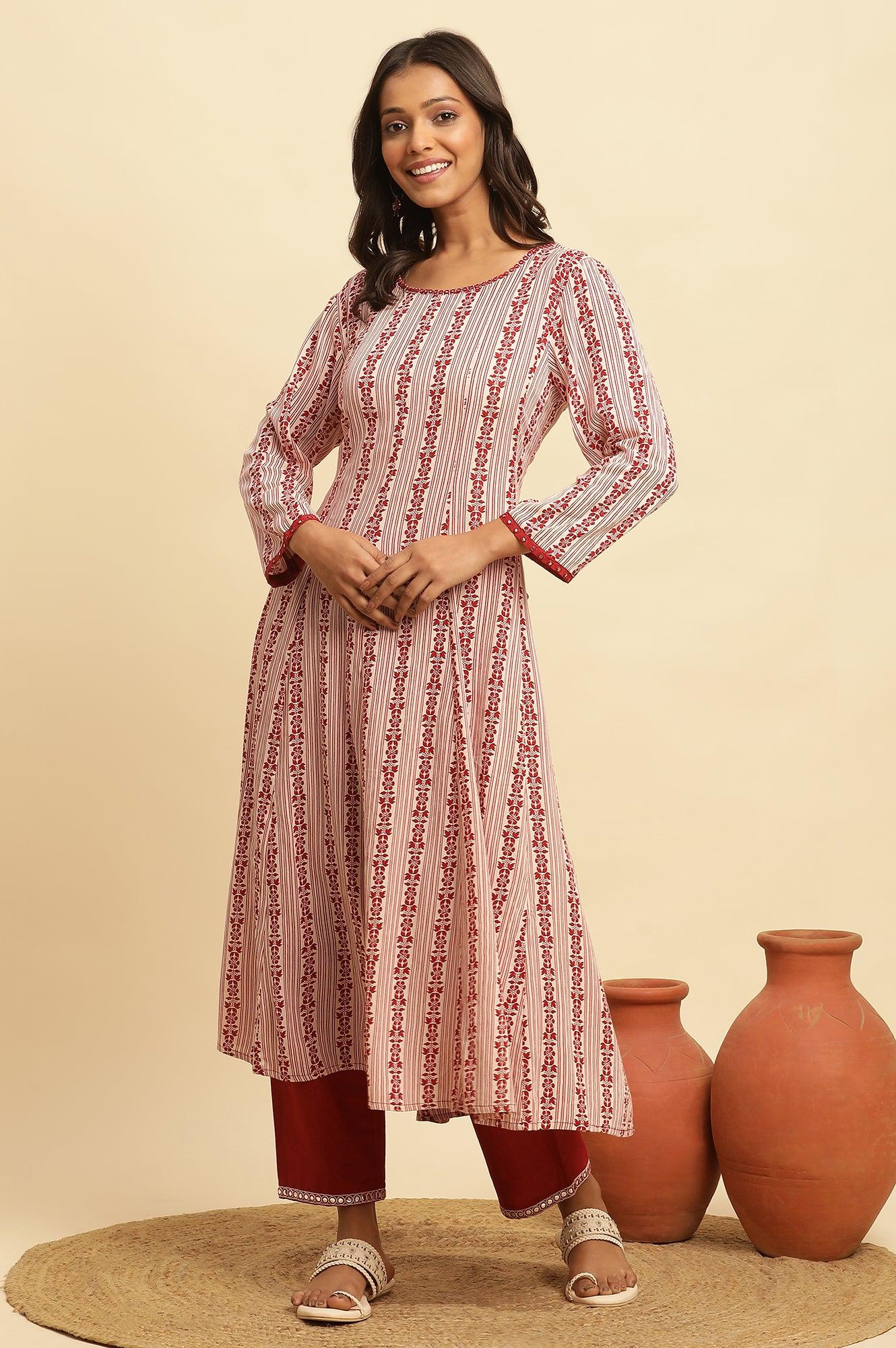 White and Red Printed A-line Cotton Kurta