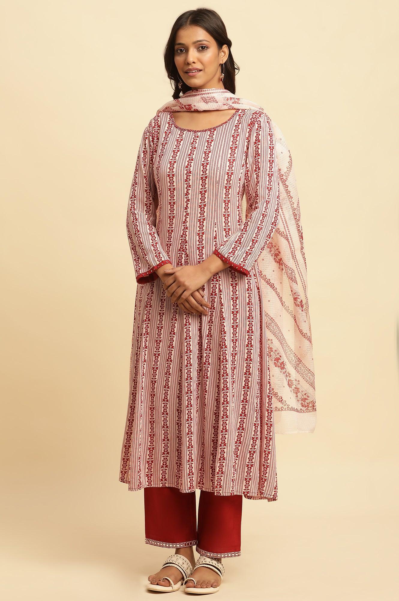 White and Red Printed A-line Cotton Kurta - Image 6