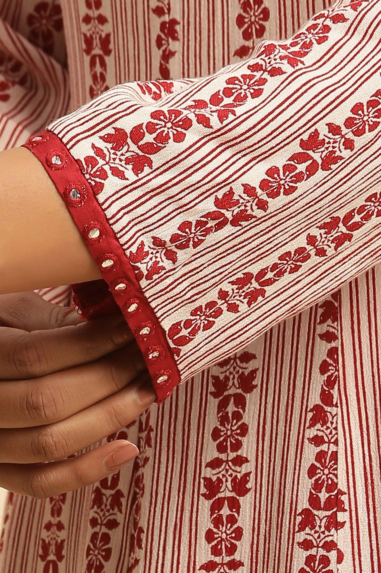 White and Red Printed A-line Cotton Kurta - Image 8