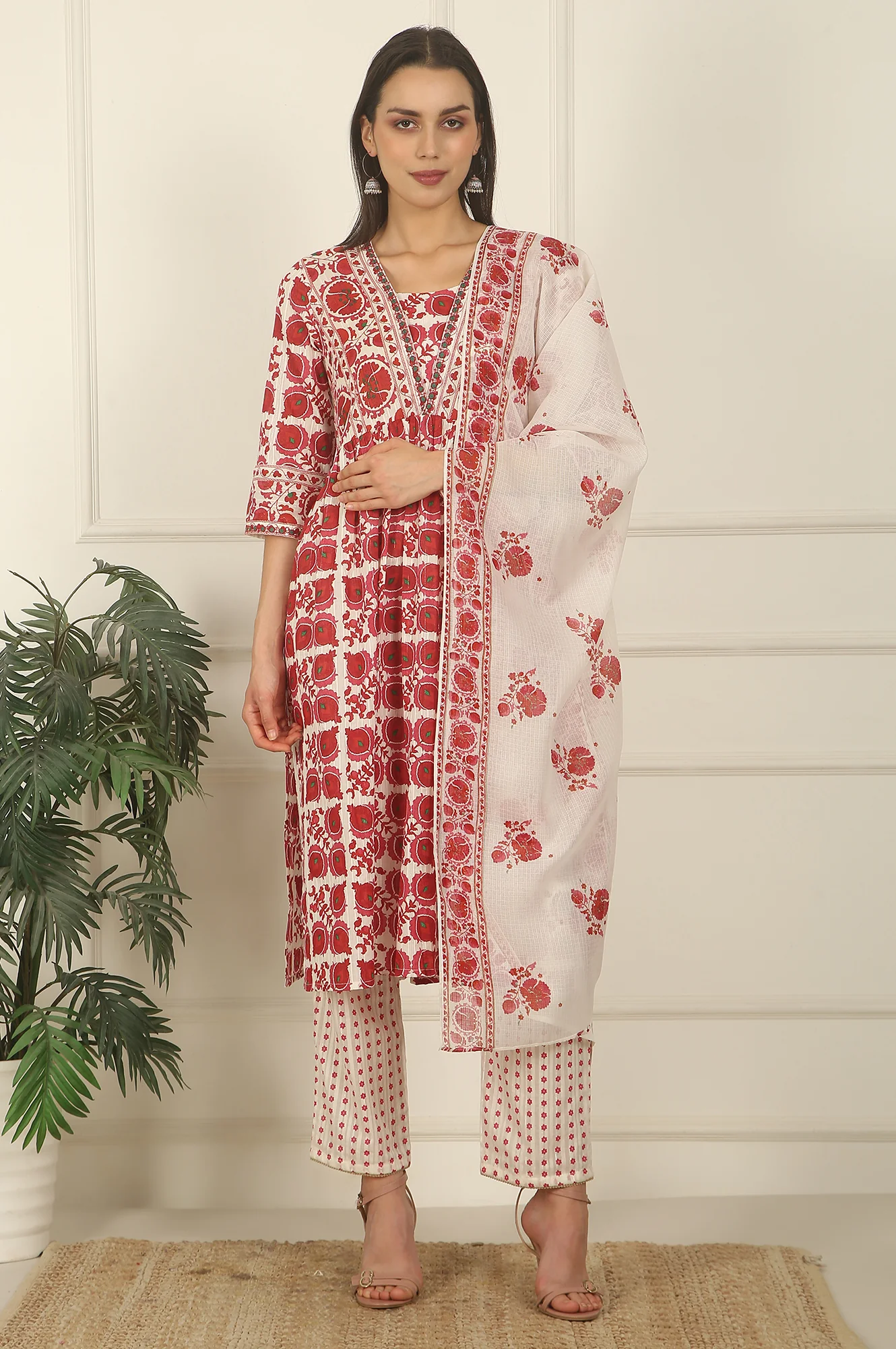 White and Red Printed Cotton Lurex Kurta, Pants and Dupatta Set - Image 2