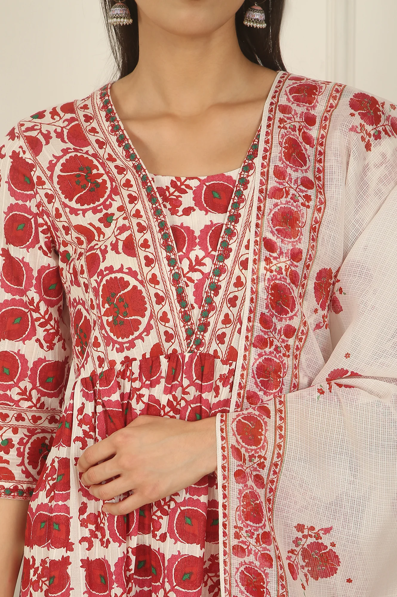 White and Red Printed Cotton Lurex Kurta, Pants and Dupatta Set - Image 3
