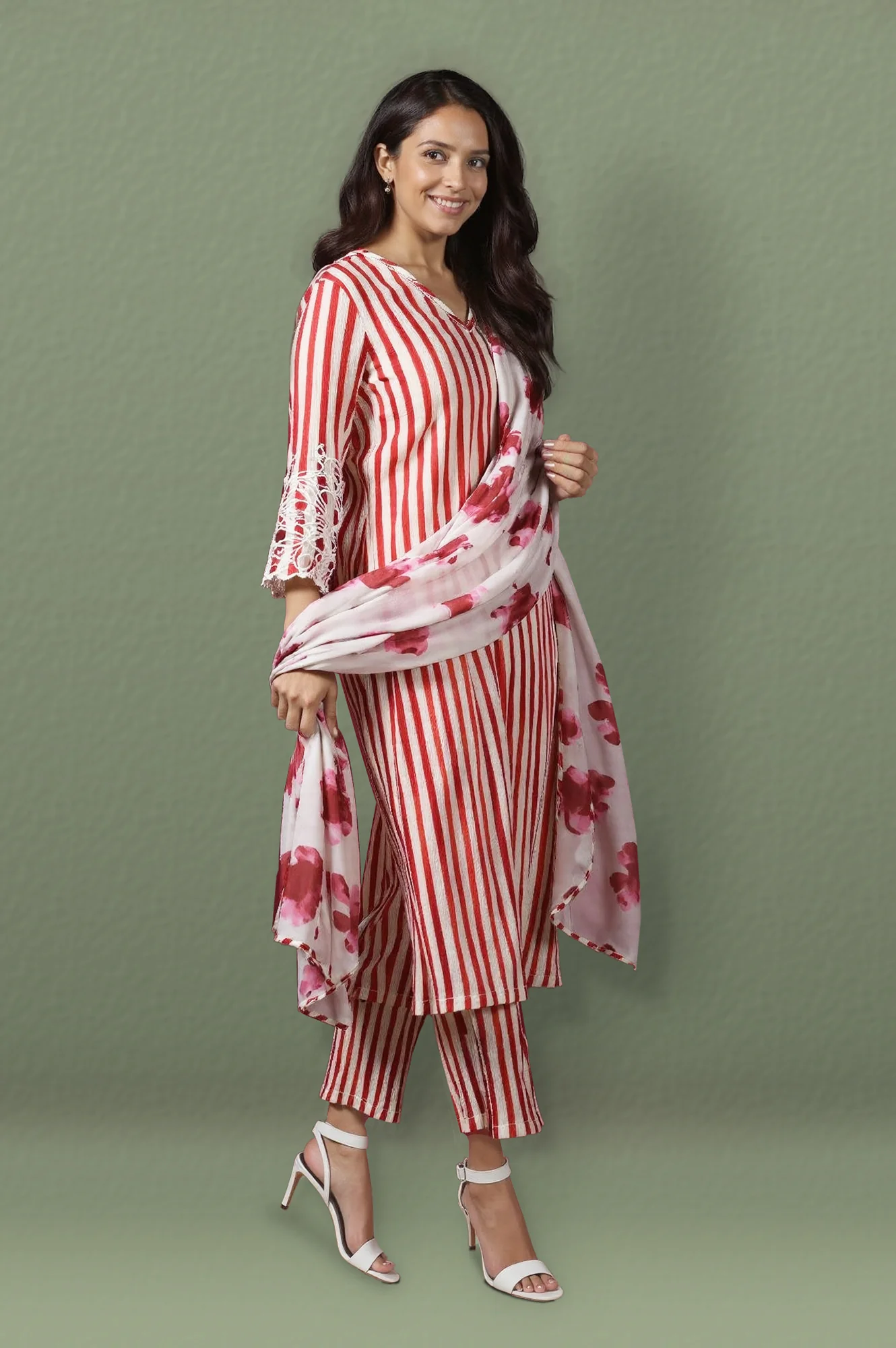 White and Red Stripe Straight Cotton Crepe Kurta and Pants Co-ord Set with Dupatta