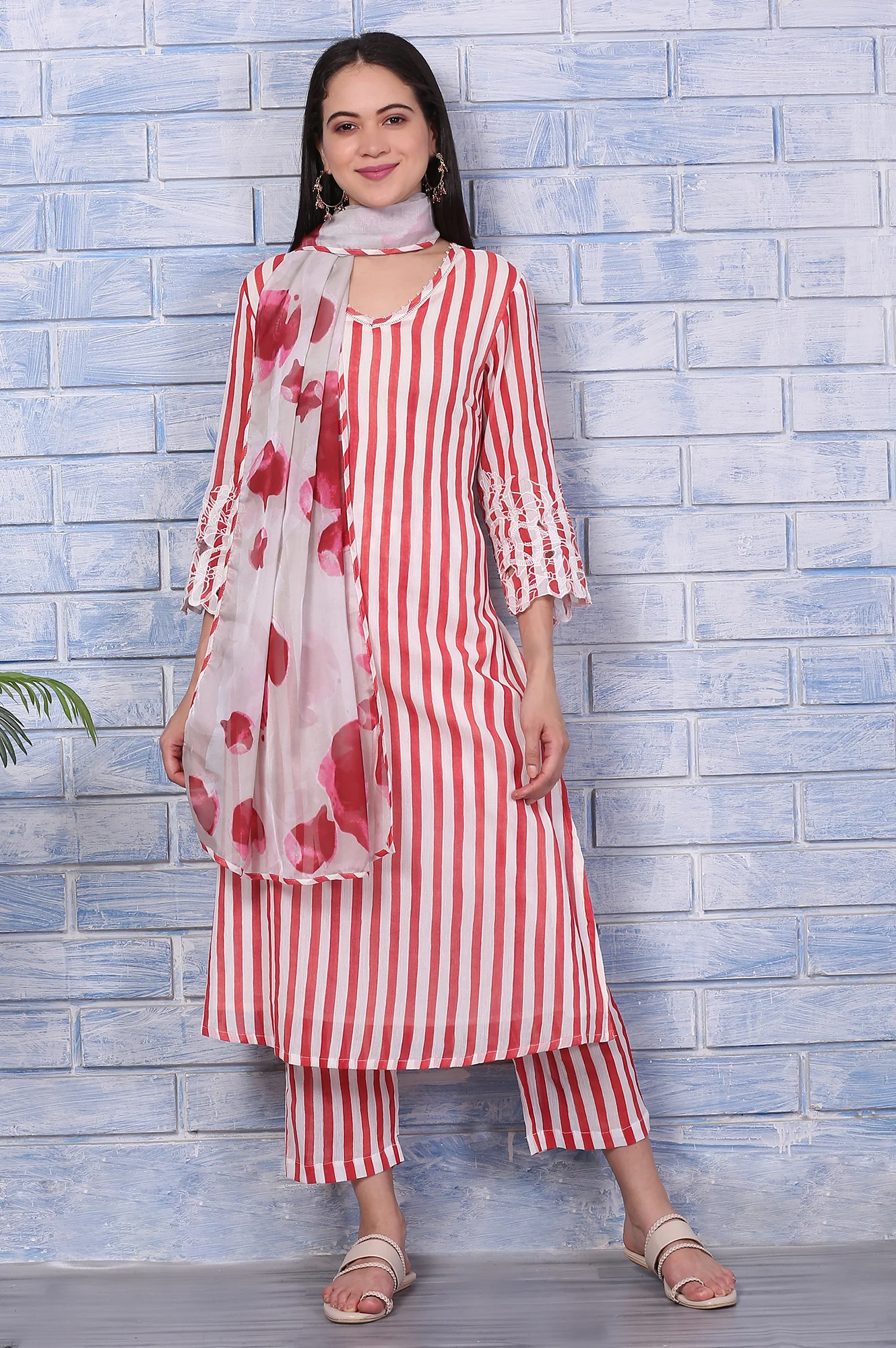 White and Red Stripe Straight Cotton Crepe Kurta and Pants Co-ord Set with Dupatta - Image 2