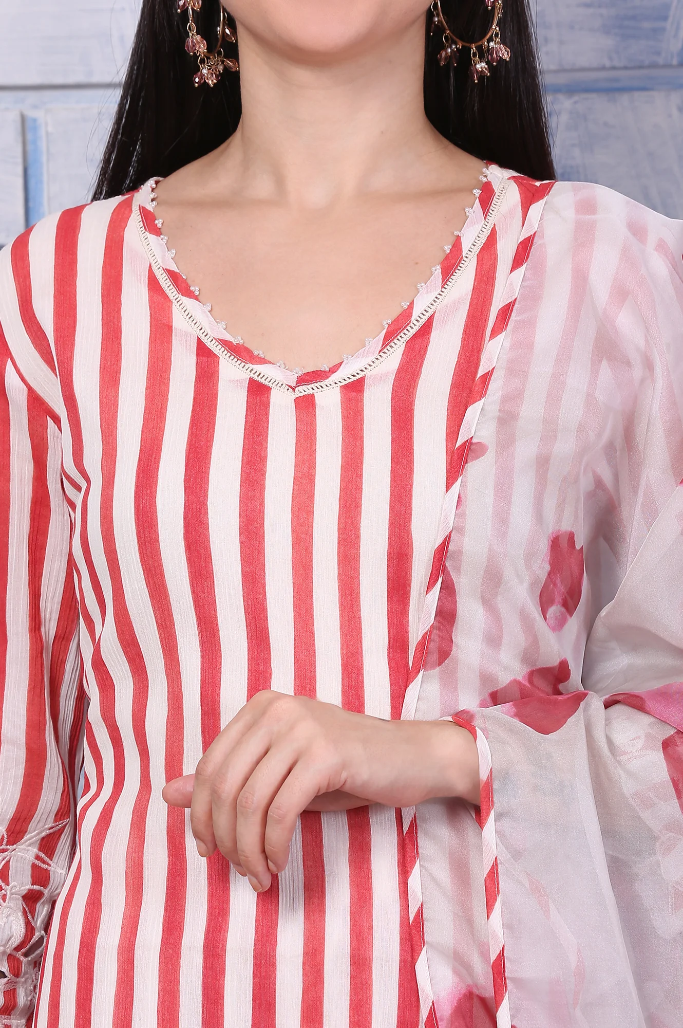 White and Red Stripe Straight Cotton Crepe Kurta and Pants Co-ord Set with Dupatta - Image 4