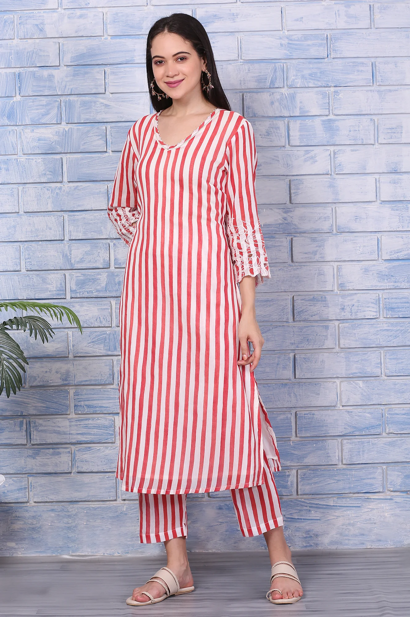 White and Red Stripe Straight Cotton Crepe Kurta and Pants Co-ord Set with Dupatta - Image 5