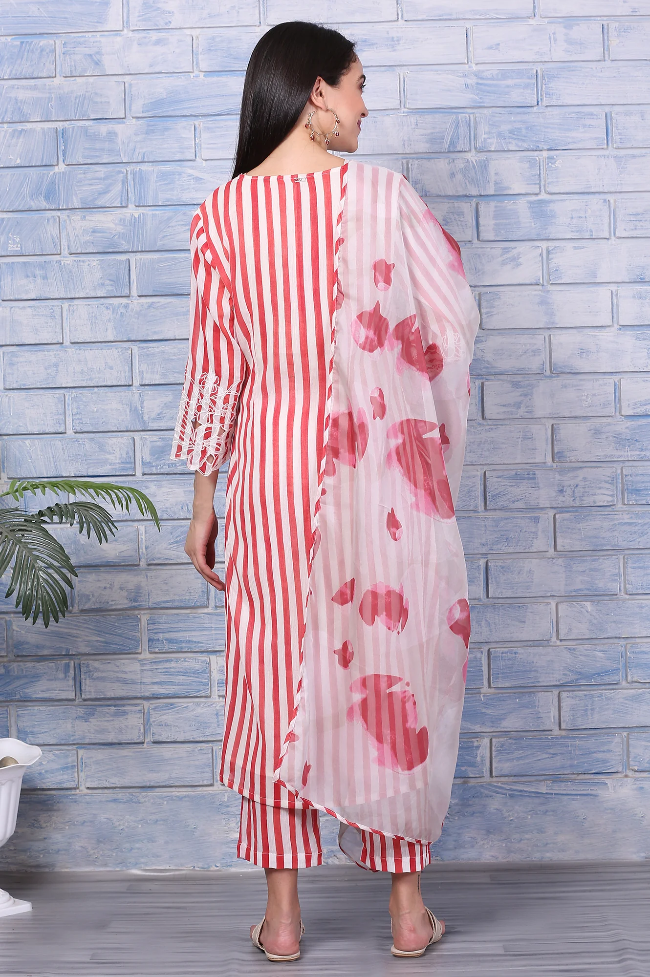 White and Red Stripe Straight Cotton Crepe Kurta and Pants Co-ord Set with Dupatta - Image 6