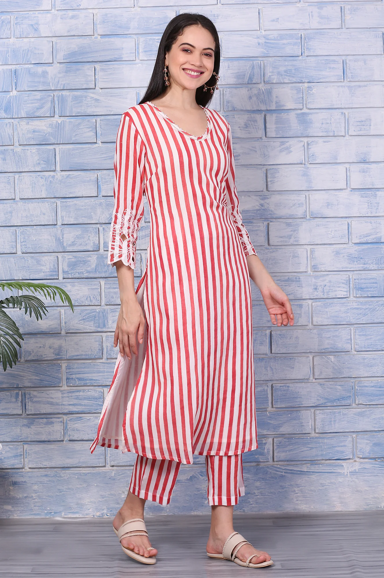 White and Red Stripe Straight Cotton Crepe Kurta and Pants Co-ord Set with Dupatta - Image 7
