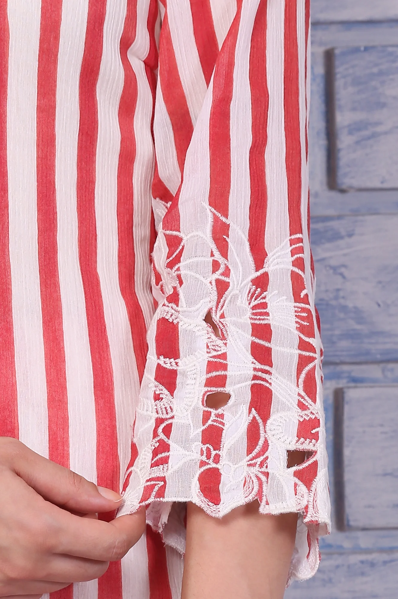White and Red Stripe Straight Cotton Crepe Kurta and Pants Co-ord Set with Dupatta - Image 8