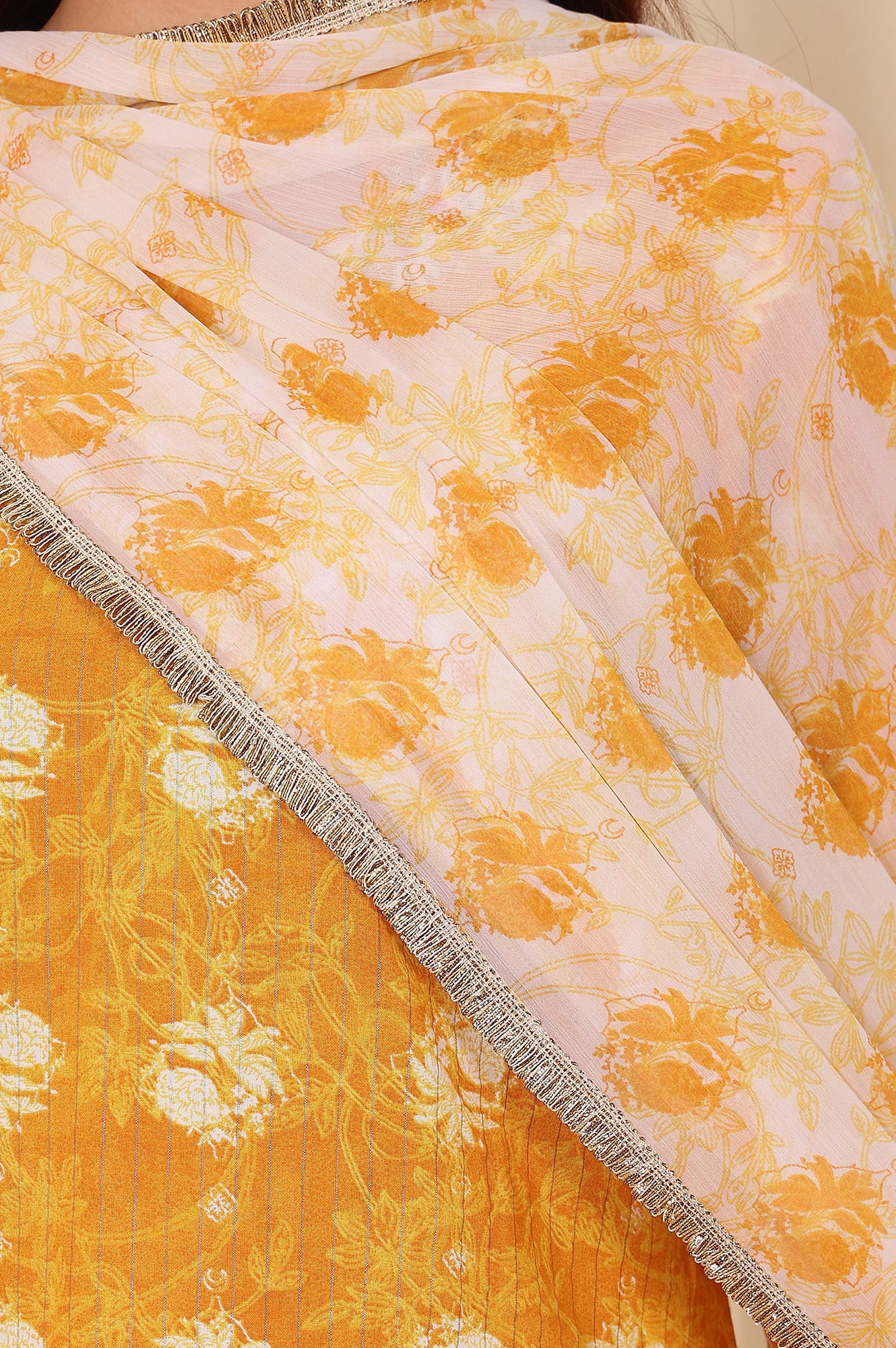 White And Yellow Floral Printed Chiffon Dupatta With Gota Patti Border - Image 4