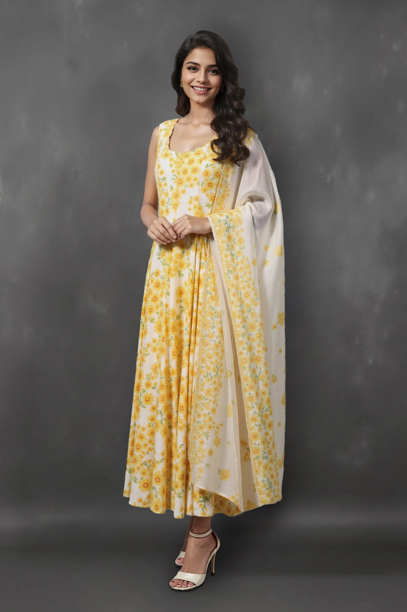 White and Yellow Sunflower Printed Pure Cotton Anarkali Kurta and Dupatta Set - Image 2