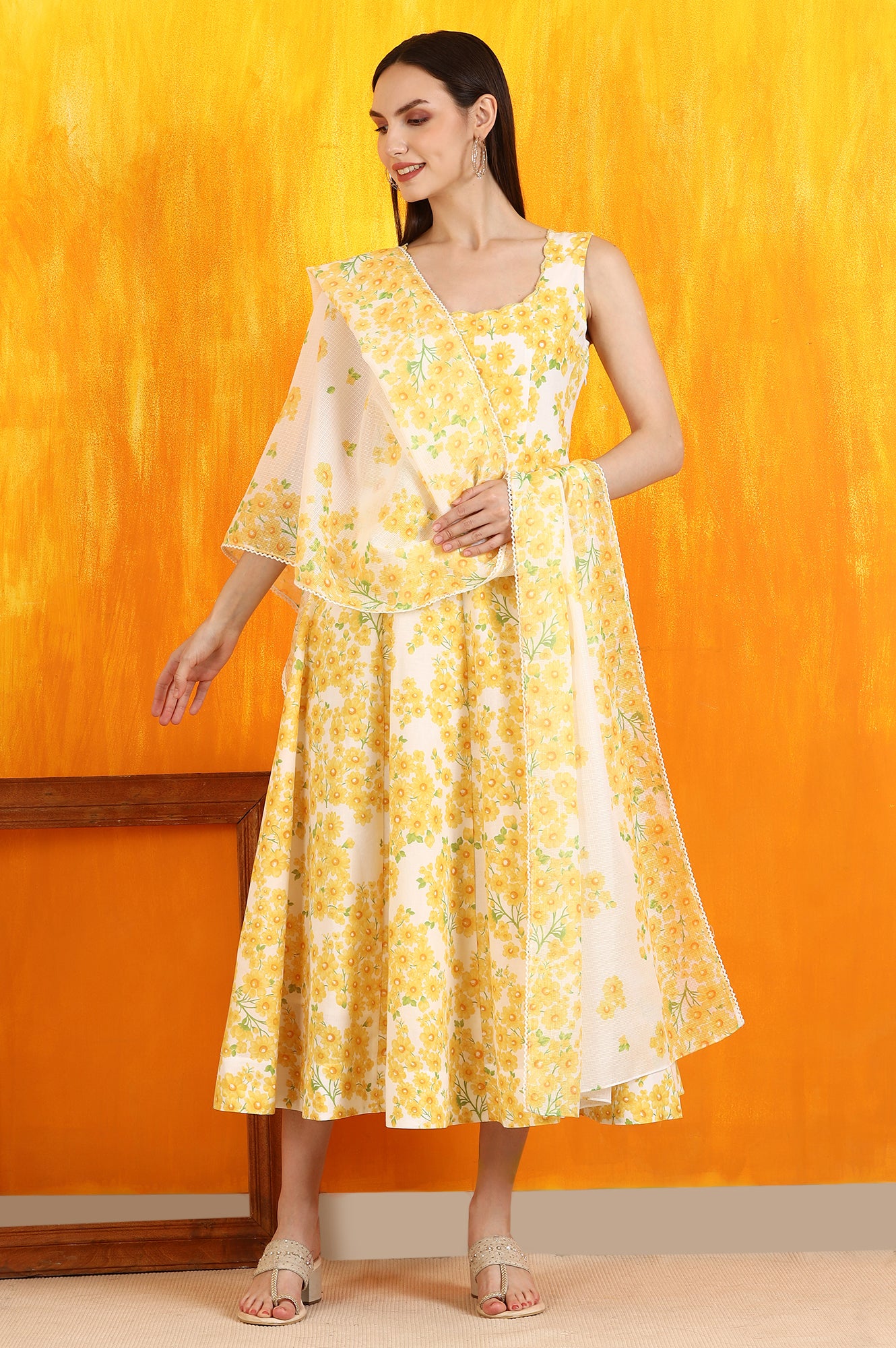 White and Yellow Sunflower Printed Pure Cotton Anarkali Kurta and Dupatta Set - Image 4