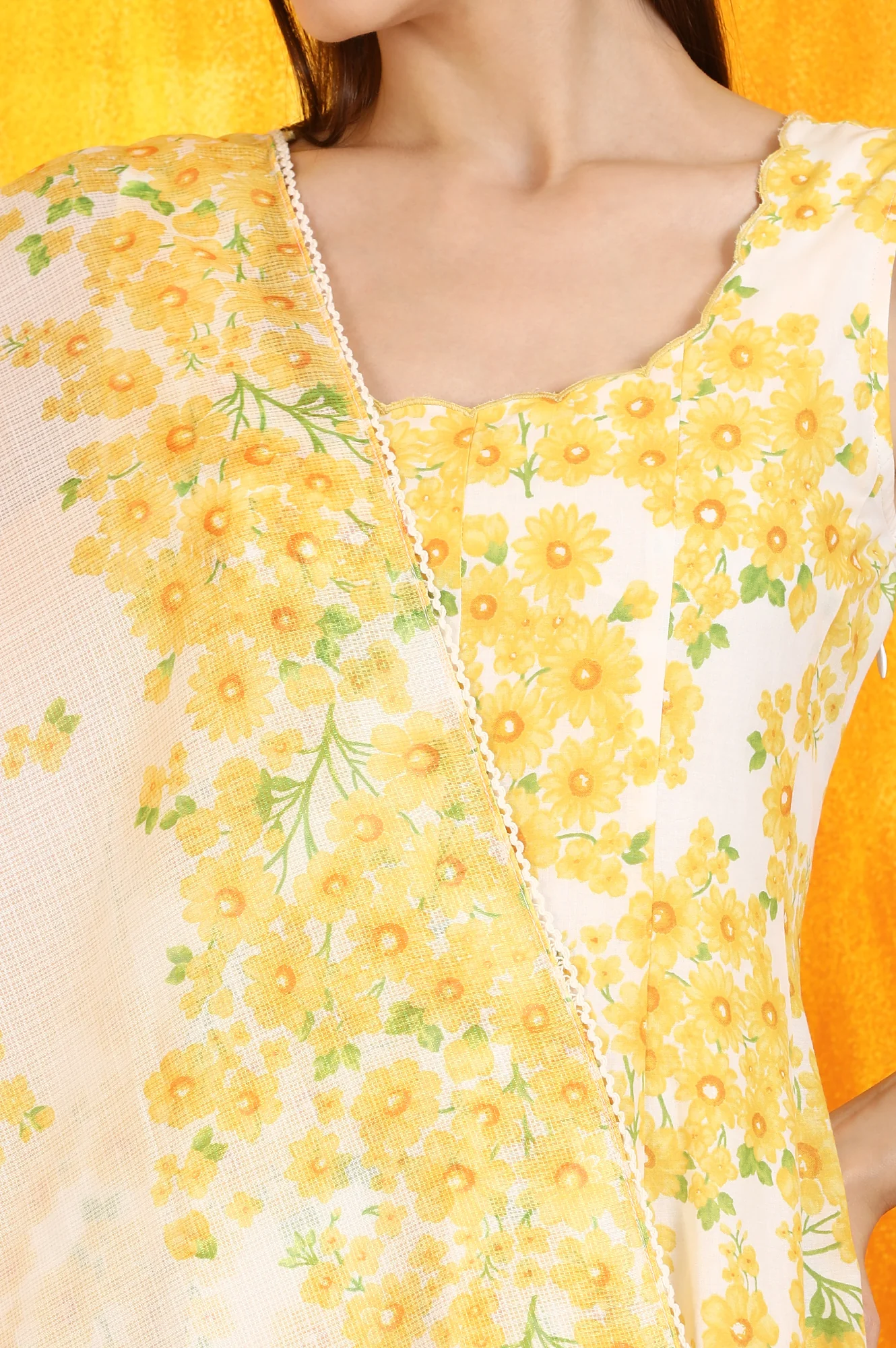 White and Yellow Sunflower Printed Pure Cotton Anarkali Kurta and Dupatta Set - Image 5