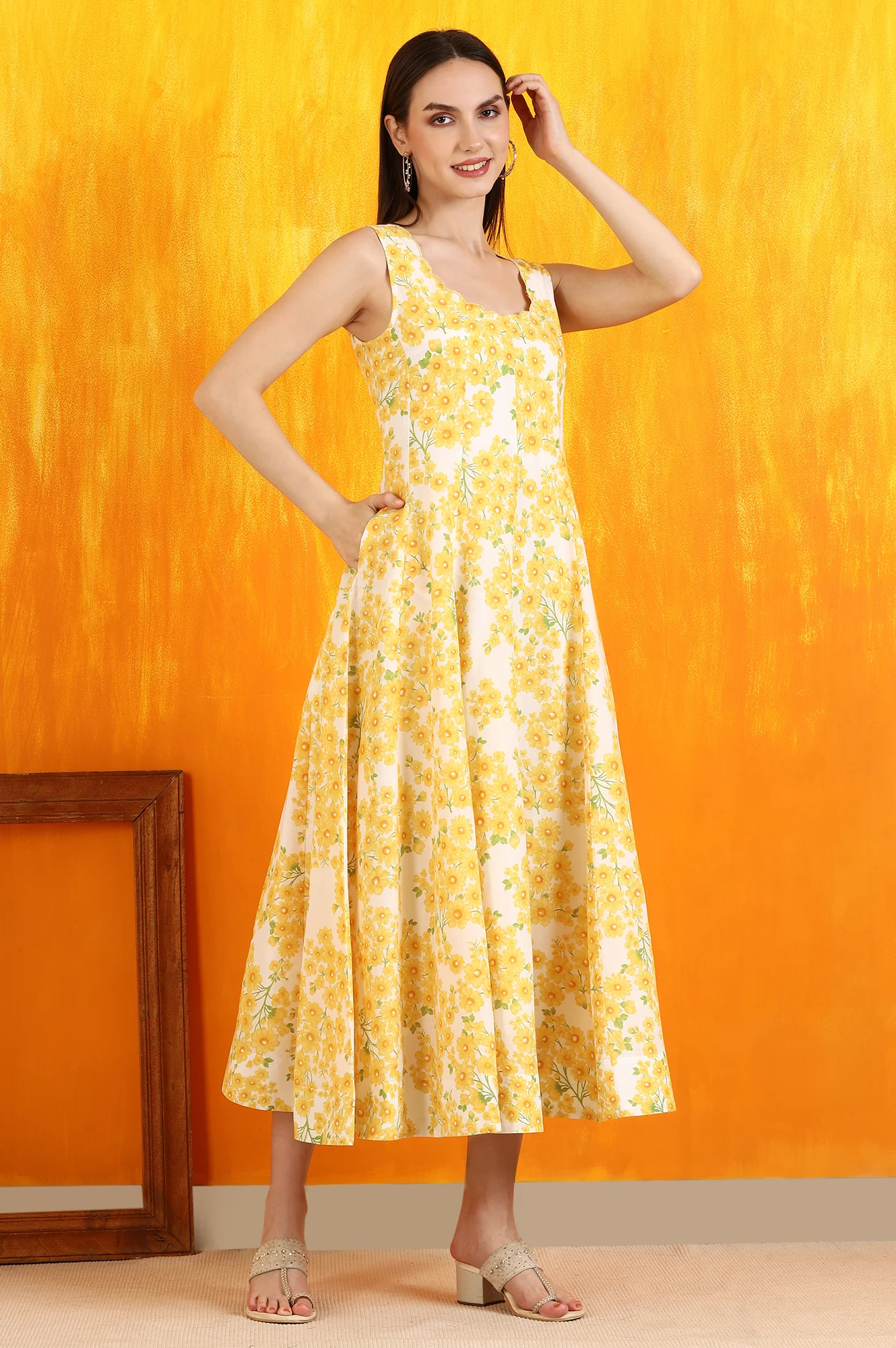 White and Yellow Sunflower Printed Pure Cotton Anarkali Kurta and Dupatta Set - Image 8