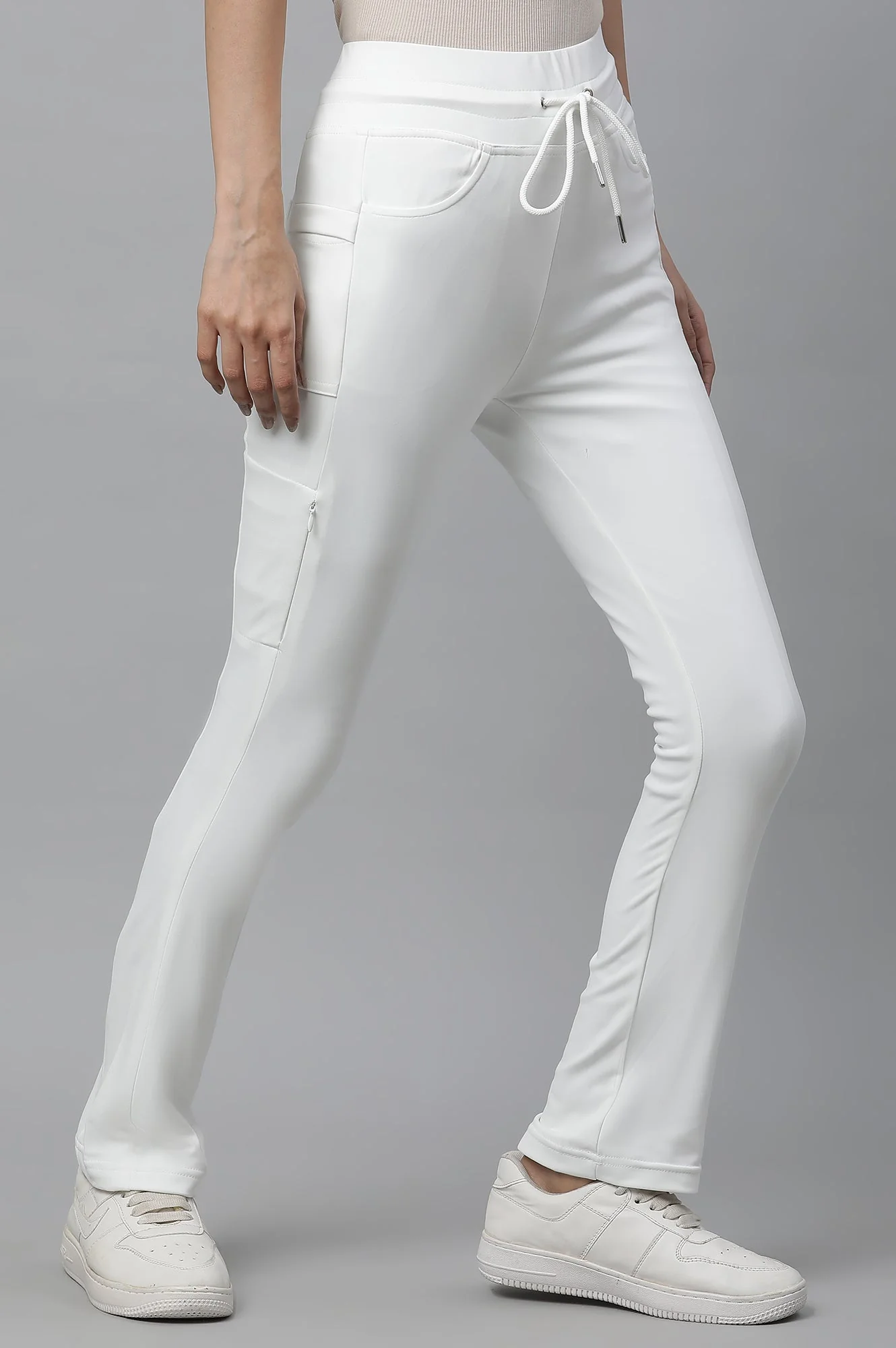 Elleven Women's White Solid Boot Cut Pants With Drawstring - Image 4