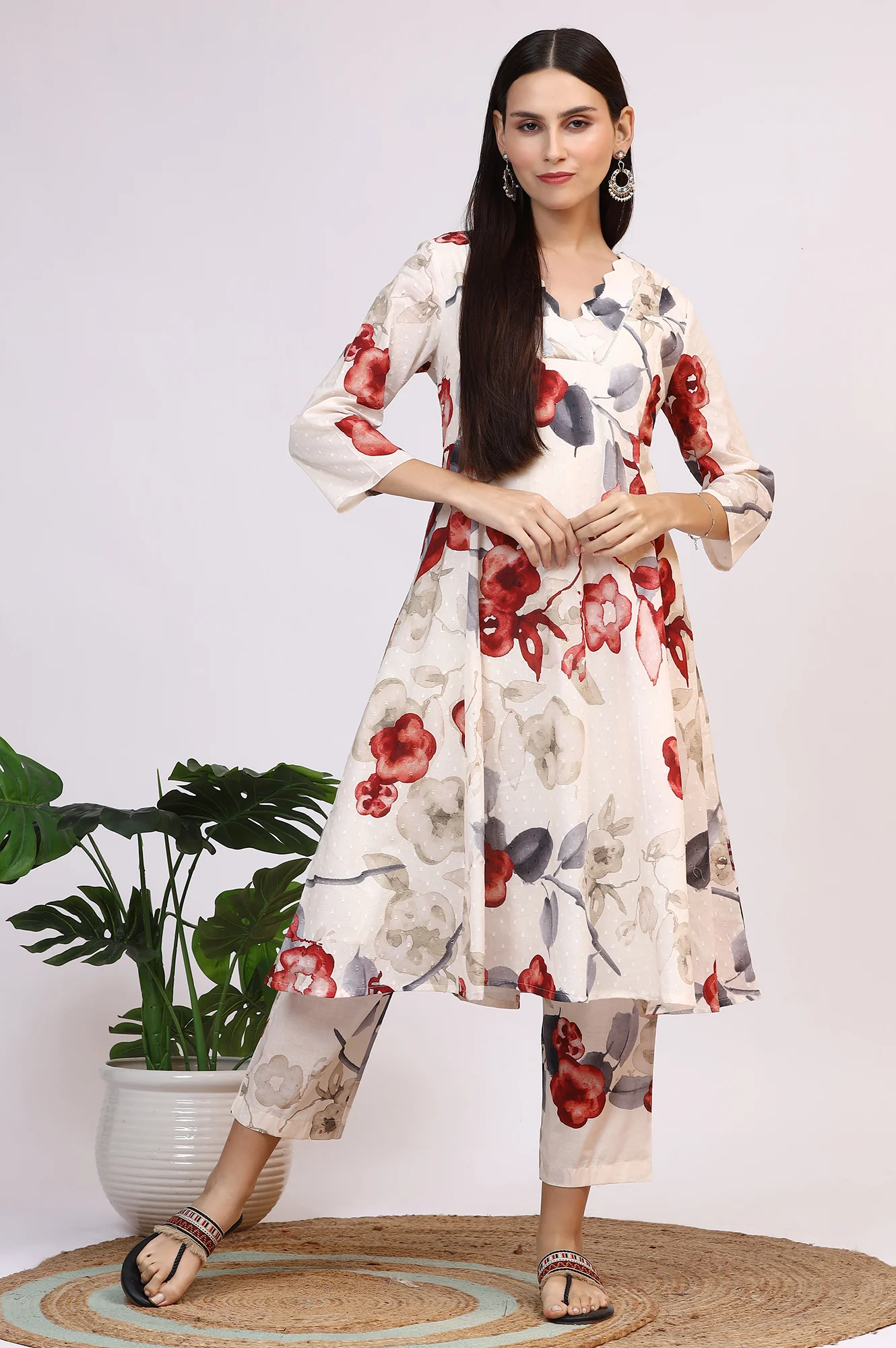 White Bold Floral Printed Pure Cotton Swiss Dot Flared Kurta and Pants Co-ord Set - Image 2