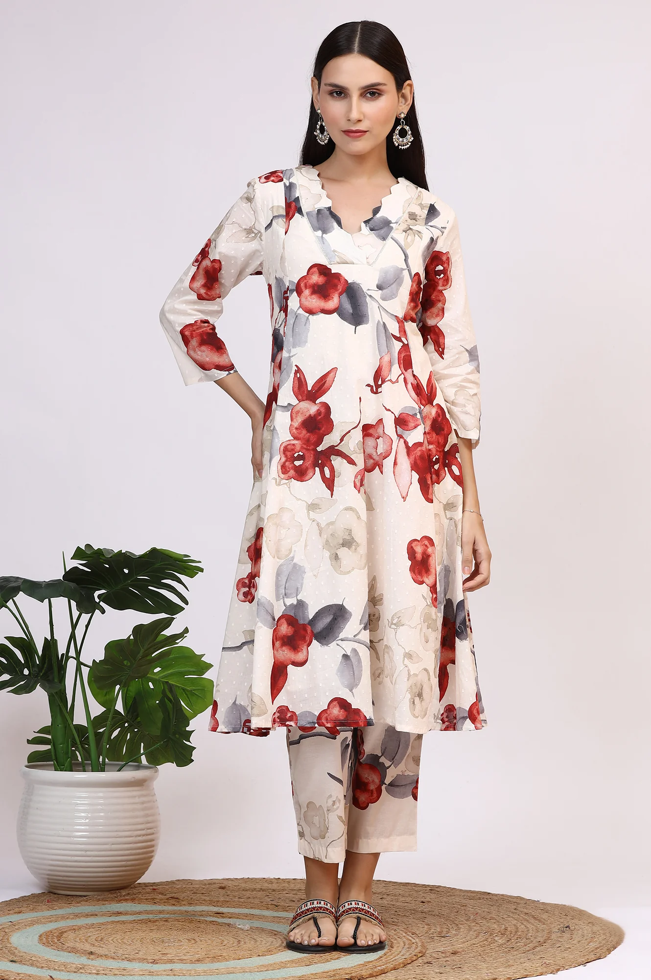White Bold Floral Printed Pure Cotton Swiss Dot Flared Kurta and Pants Co-ord Set - Image 3