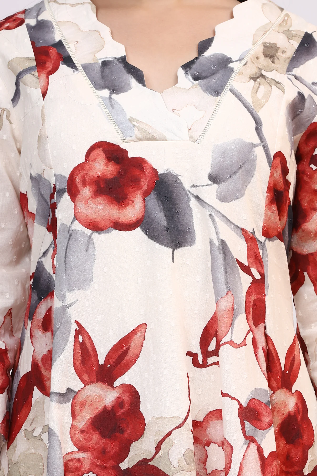 White Bold Floral Printed Pure Cotton Swiss Dot Flared Kurta and Pants Co-ord Set - Image 4