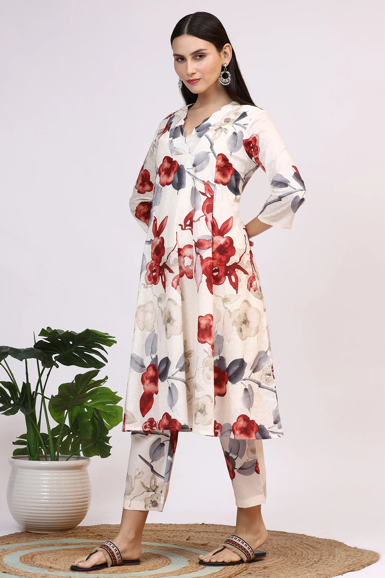 White Bold Floral Printed Pure Cotton Swiss Dot Flared Kurta and Pants Co-ord Set - Image 5
