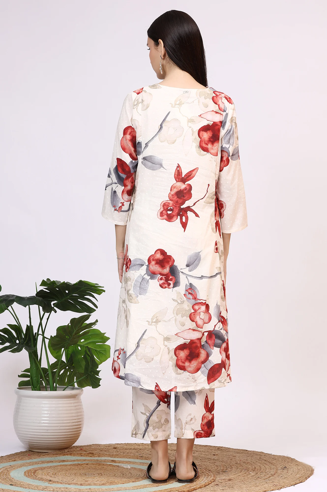 White Bold Floral Printed Pure Cotton Swiss Dot Flared Kurta and Pants Co-ord Set - Image 6