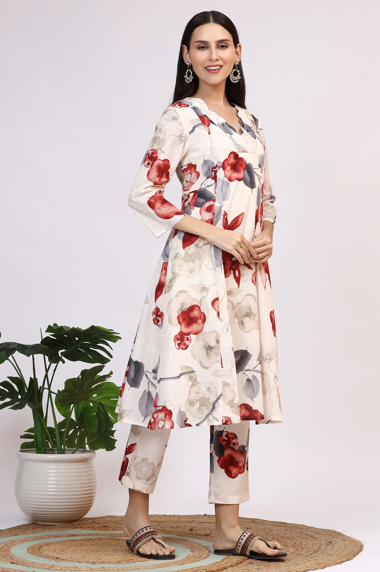White Bold Floral Printed Pure Cotton Swiss Dot Flared Kurta and Pants Co-ord Set - Image 7