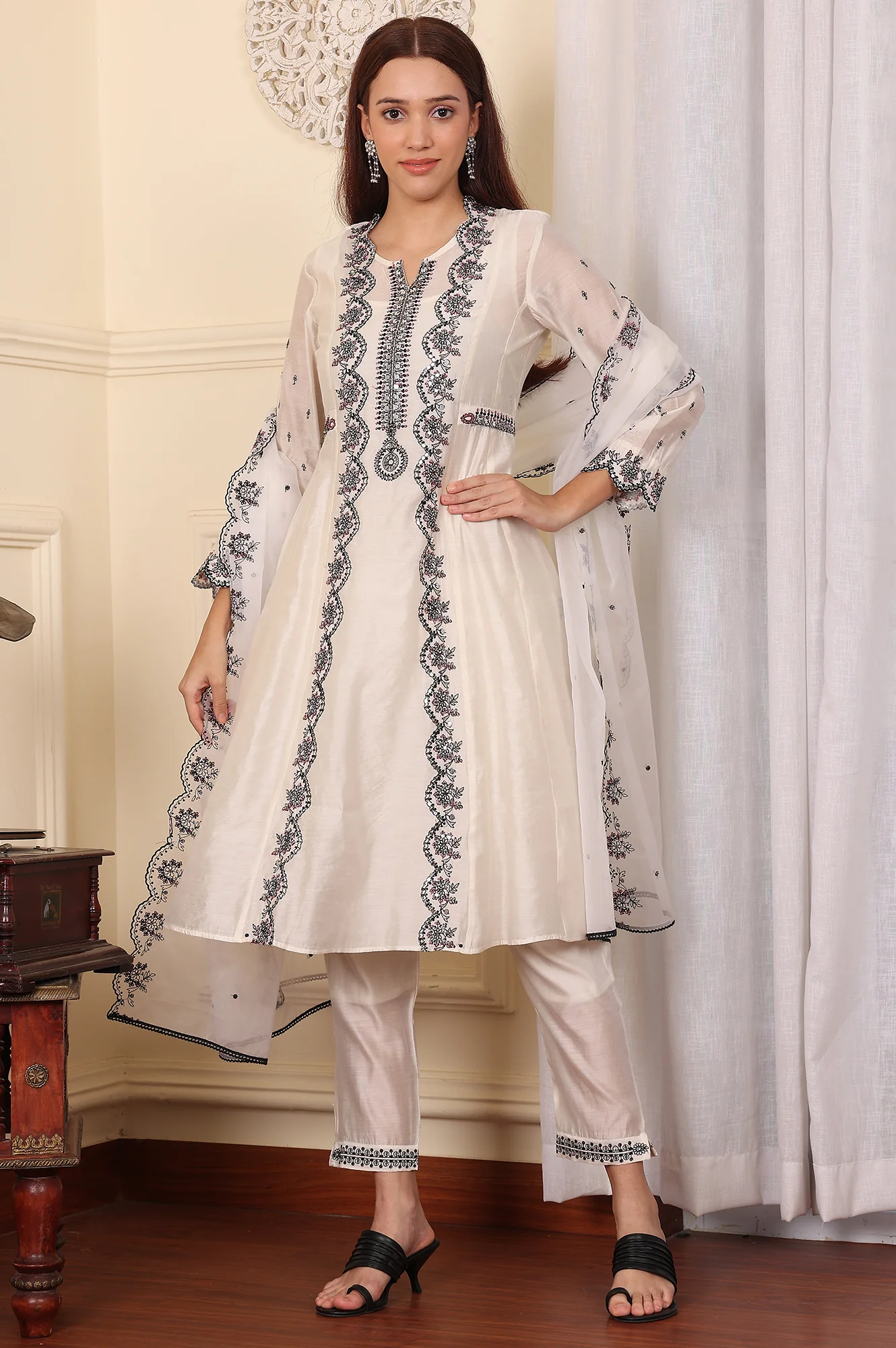 White Chanderi Mock Panelled Embroidered Flared Kurta, Straight Pants And Dupatta Set - Image 6
