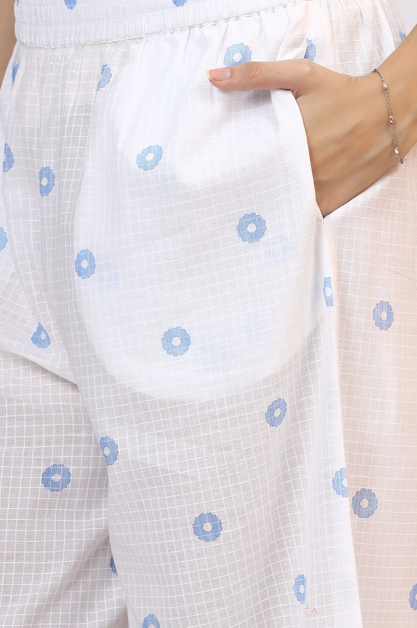White Checker Embroidered Straight Kurta and Flared Pants Co-ord Set - Image 9