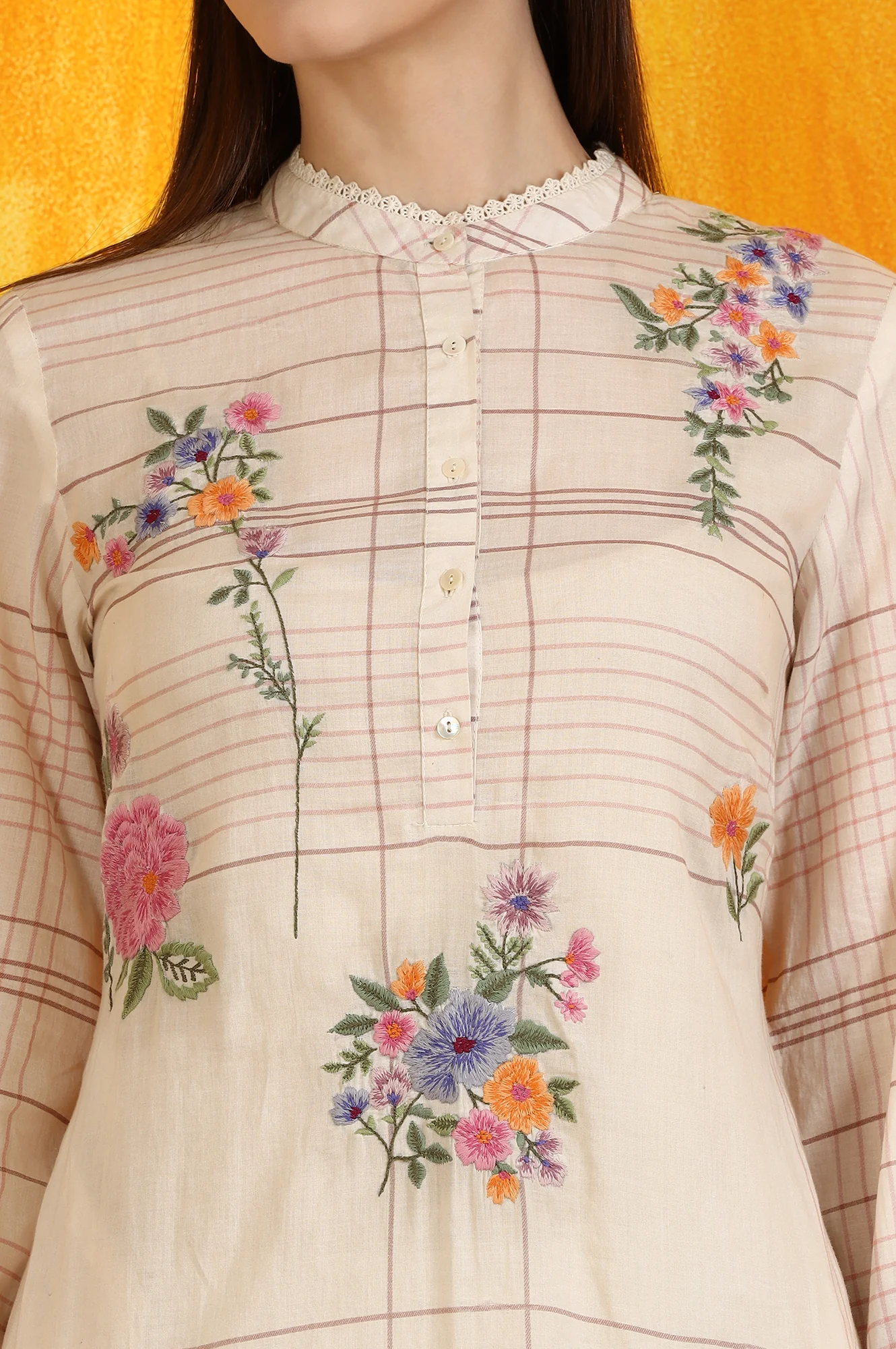 White Checker Floral Embroidered Pure Cotton A-line Kurta - Image 3