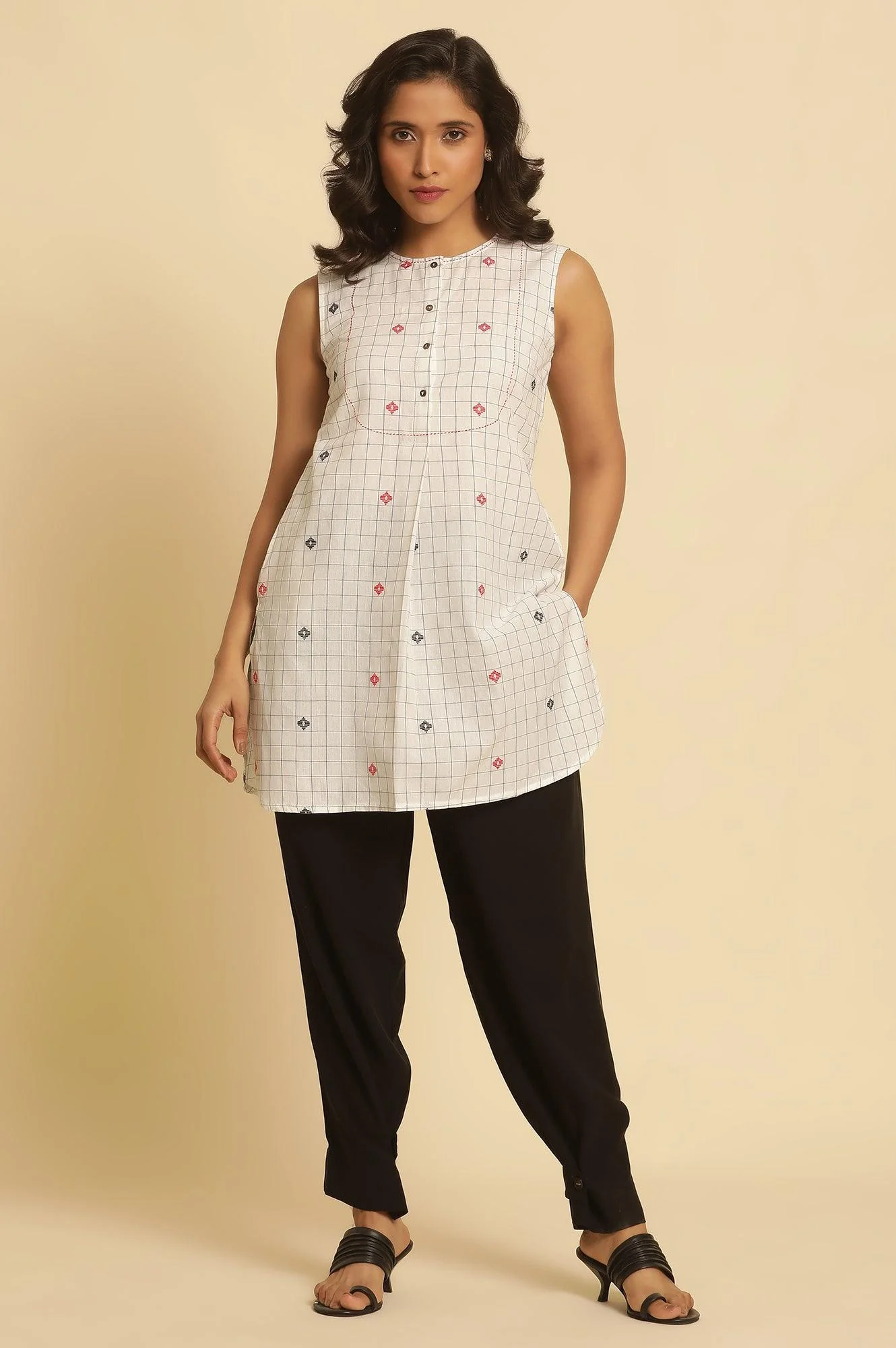 White Checker Tunic With Curved Hemline - Image 2