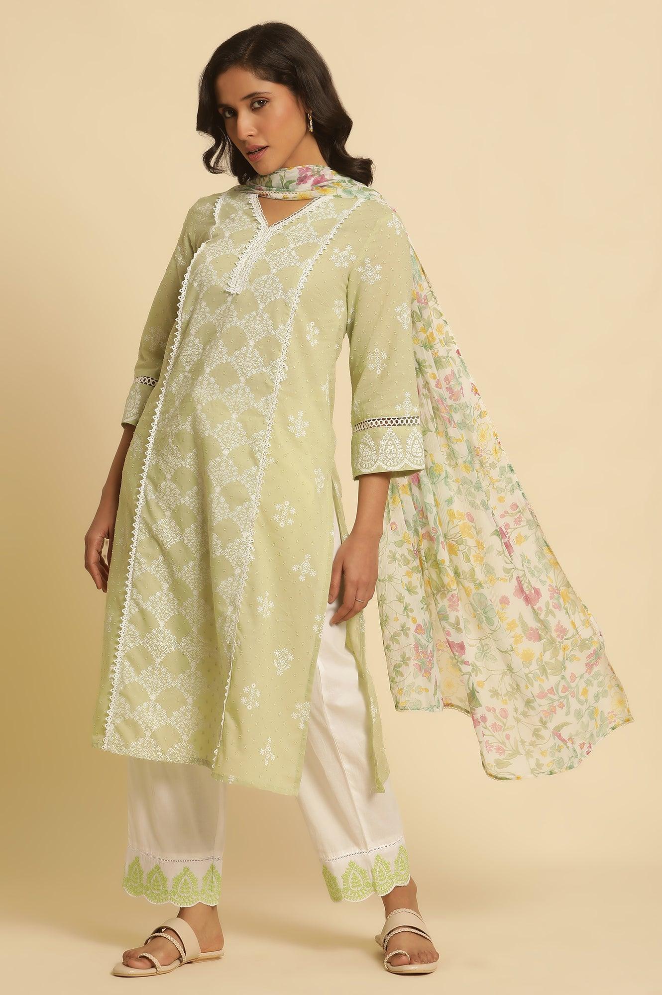 White Chiffon Kurta With Floral Print - Image 3