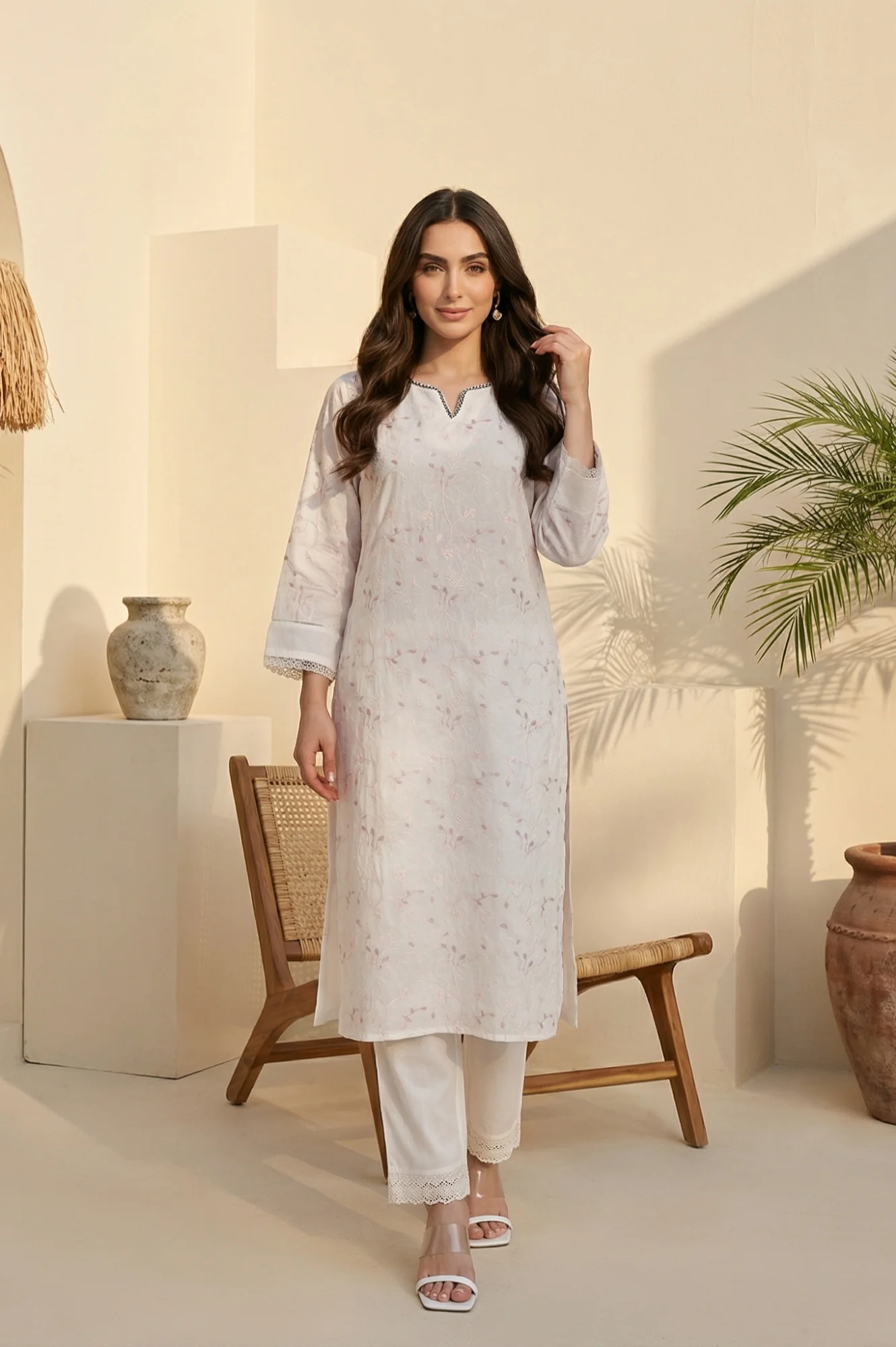 White Chikankari Embroidered Sequins Pure Cotton Straight Kurta - Image 2