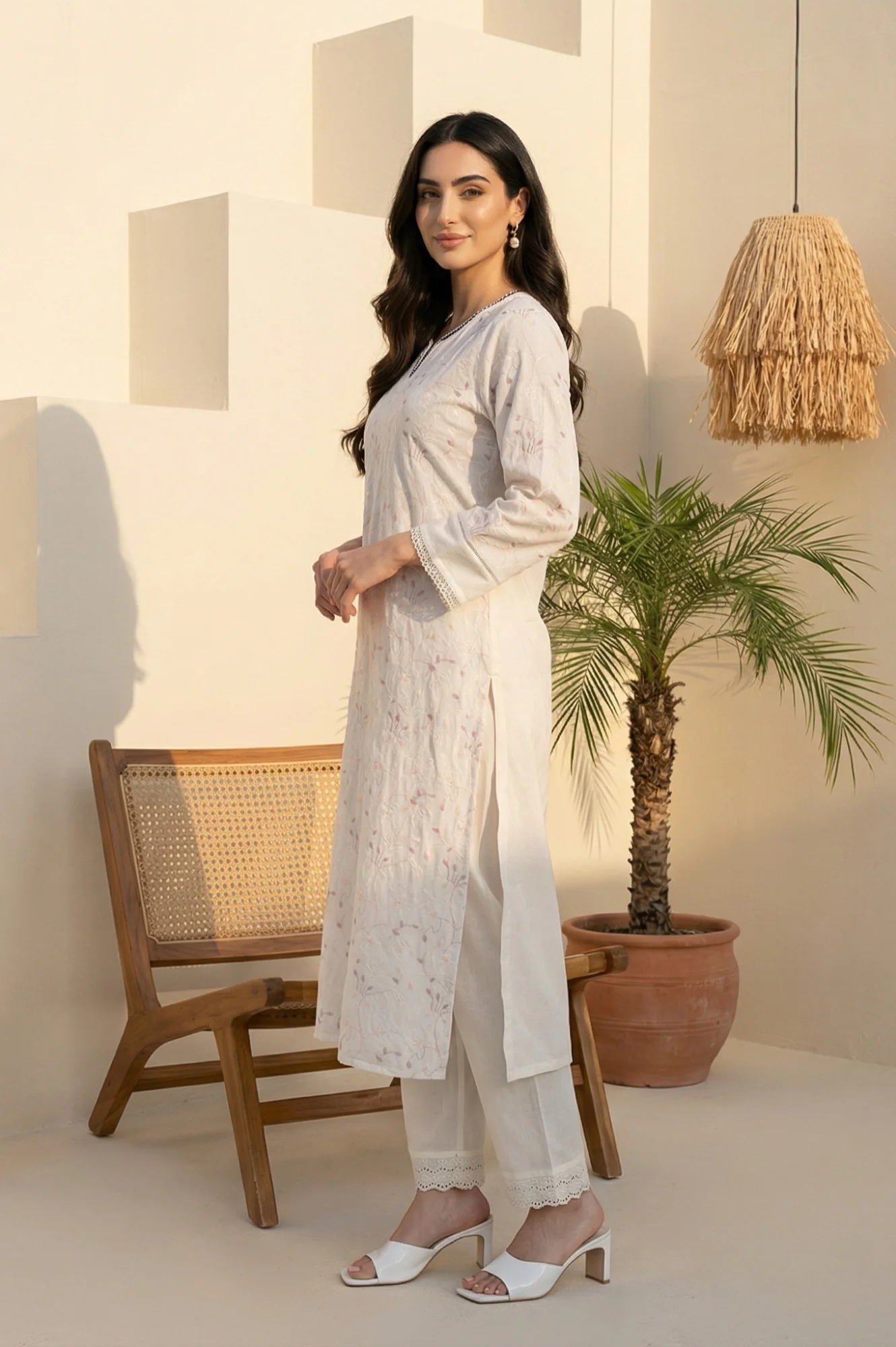 White Chikankari Embroidered Sequins Pure Cotton Straight Kurta - Image 4