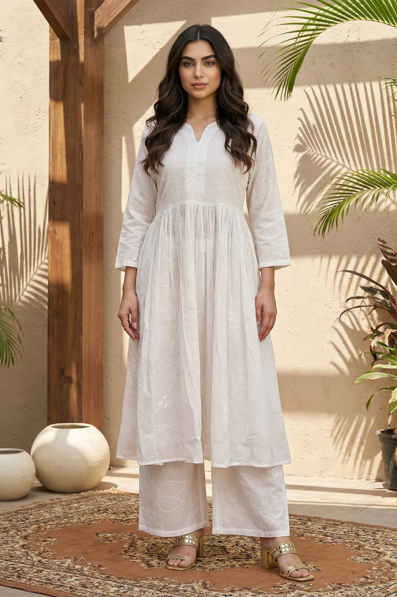White Chikankari Pure Cotton Flared Kurta with Parallel Pants Set