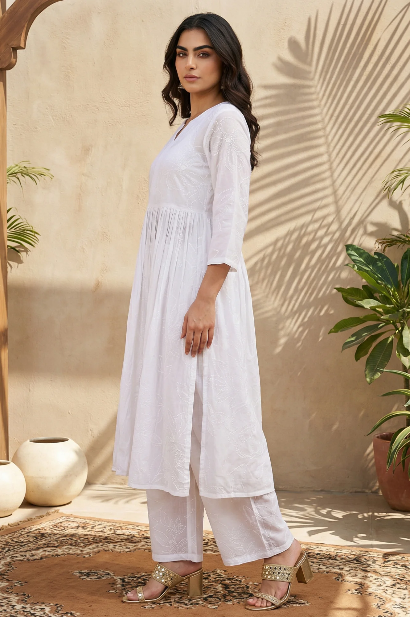 White Chikankari Pure Cotton Flared Kurta with Parallel Pants Set - Image 3