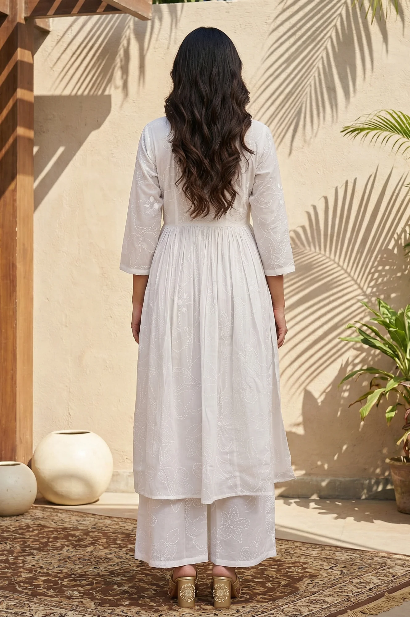 White Chikankari Pure Cotton Flared Kurta with Parallel Pants Set - Image 4