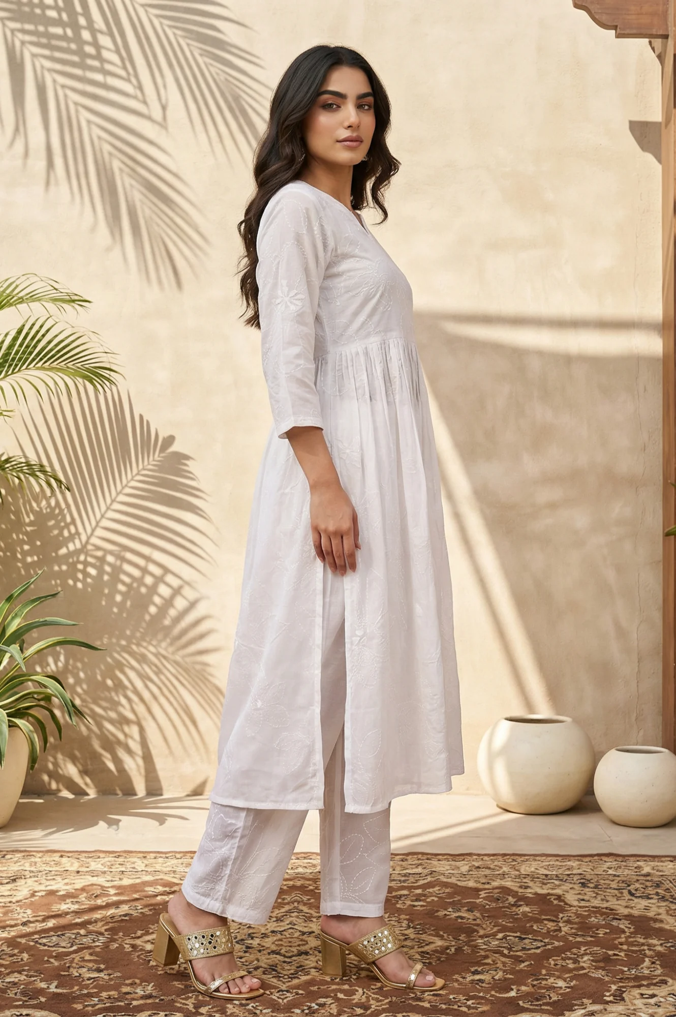 White Chikankari Pure Cotton Flared Kurta with Parallel Pants Set - Image 5