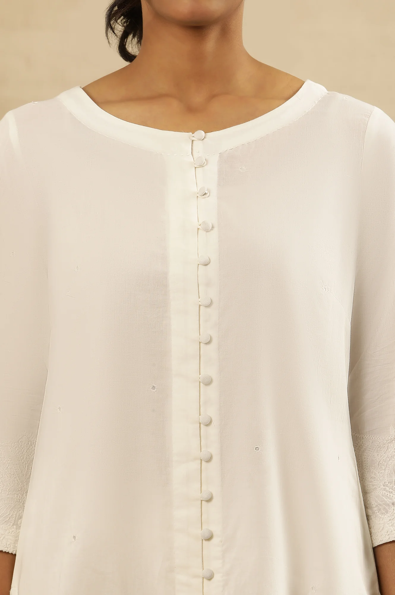 White Chikankari Shirt Kurta In Cotton Voile - Image 3