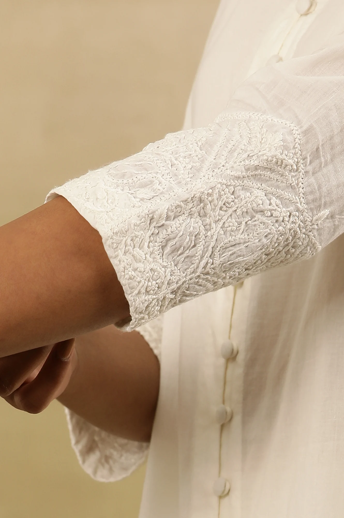 White Chikankari Shirt Kurta In Cotton Voile - Image 4