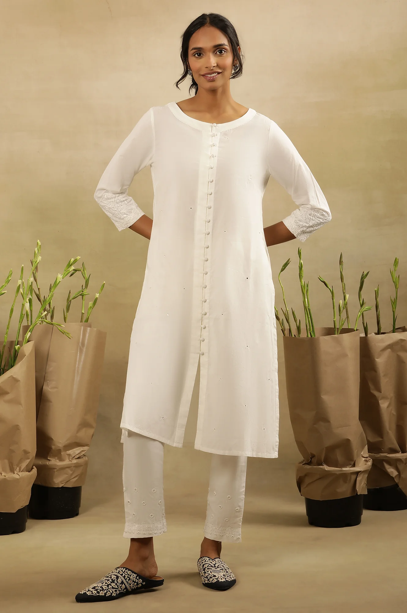 White Chikankari Shirt Kurta In Cotton Voile - Image 5