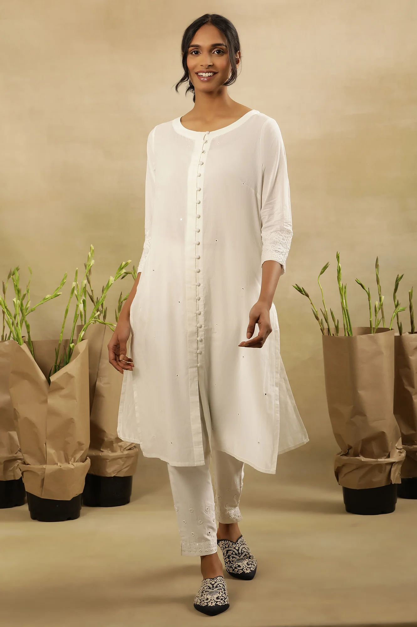 White Chikankari Shirt Kurta In Cotton Voile - Image 7