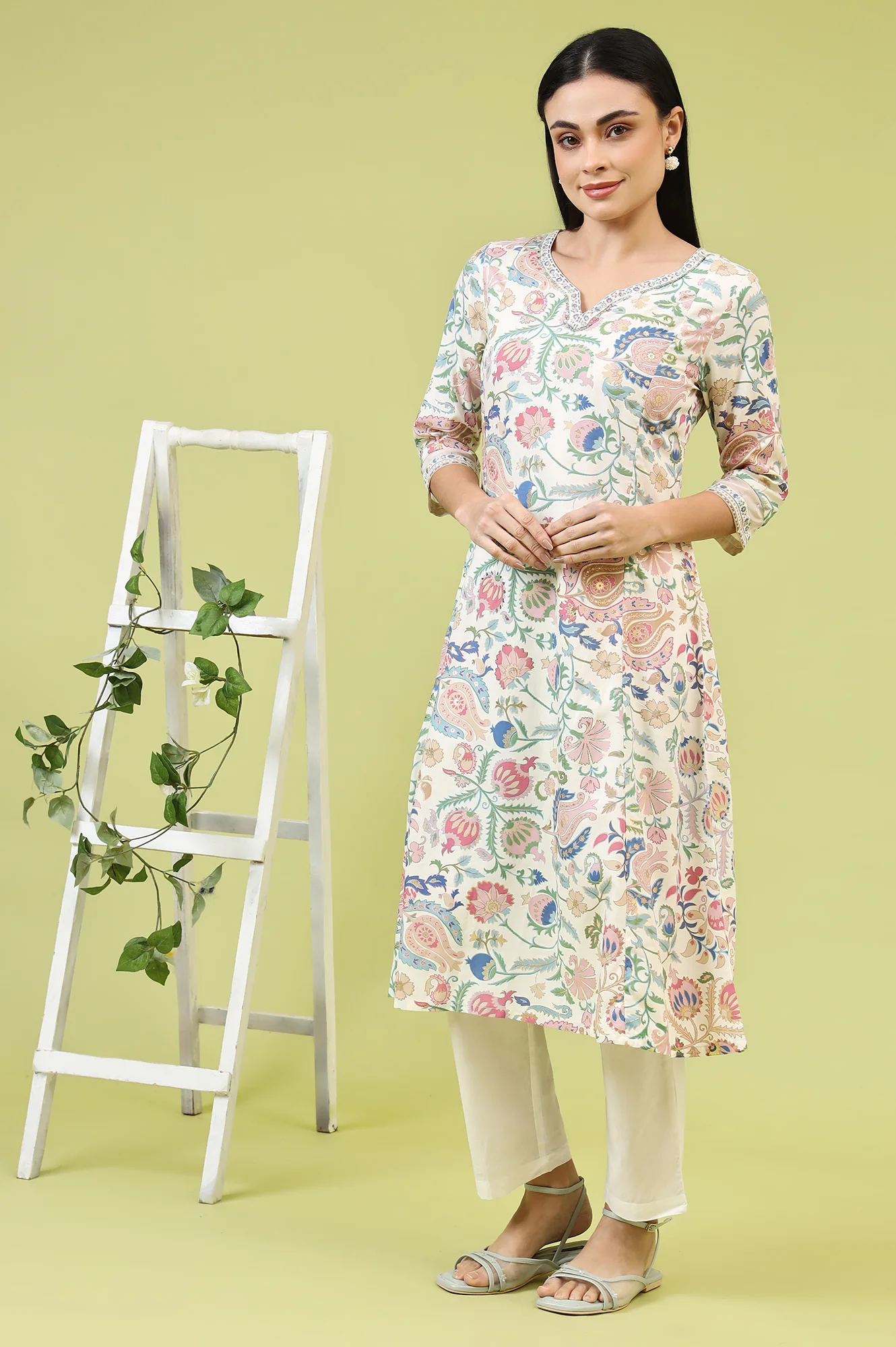 White Chintz Floral Printed Rayon Straight Kurta with Sequins - Image 5