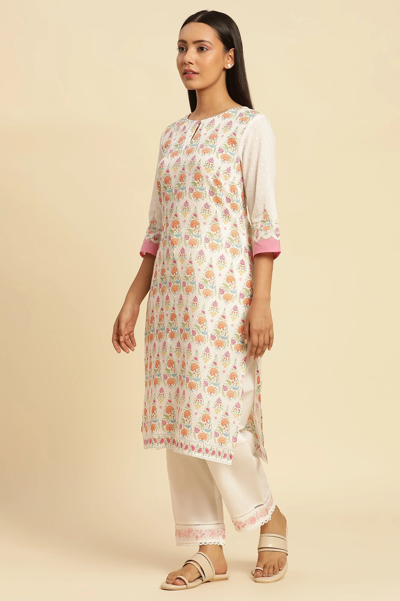 White Cotton A-Line Kurta In Multi-Coloured Print - Image 3