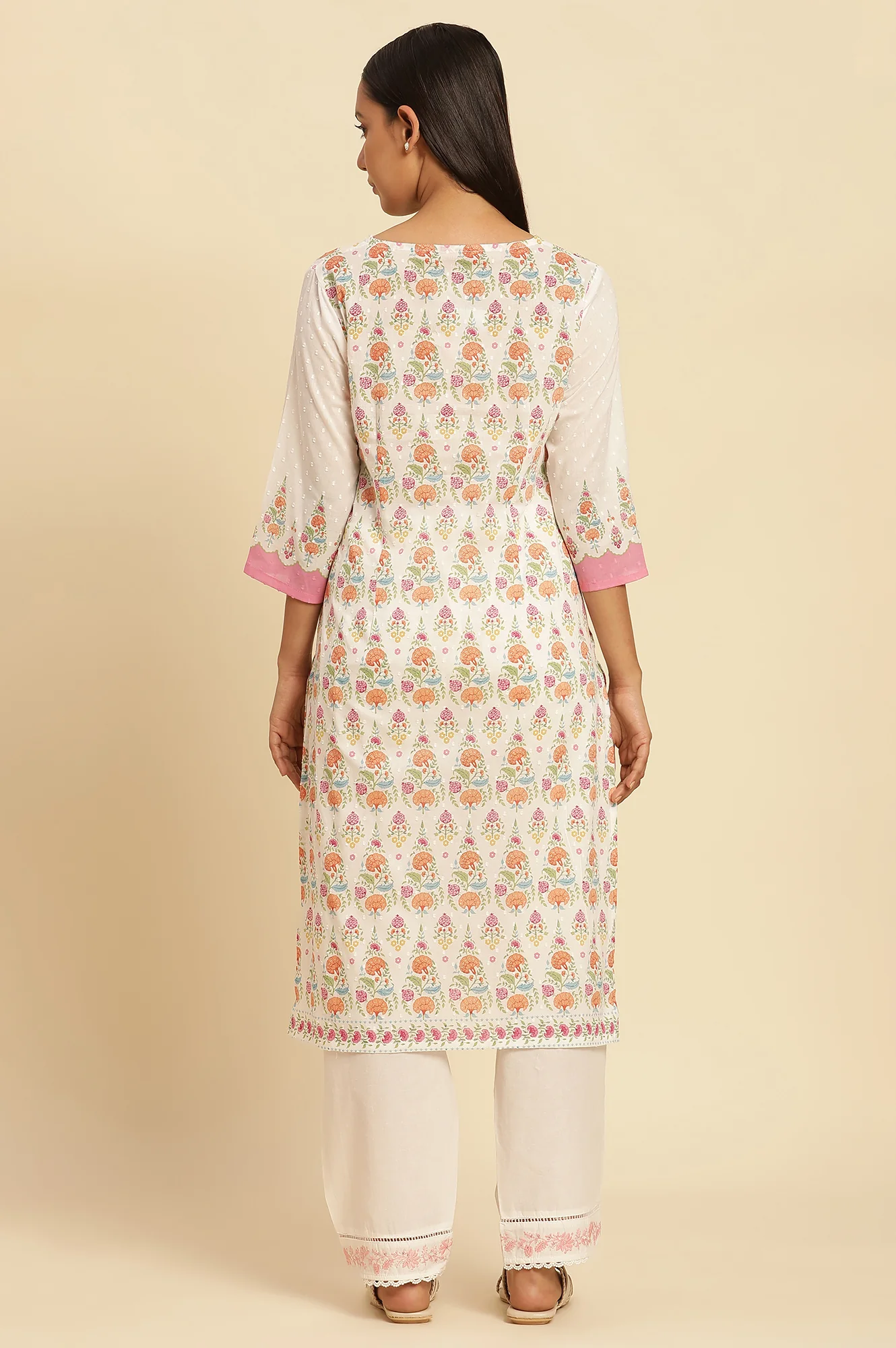 White Cotton A-Line Kurta In Multi-Coloured Print - Image 4