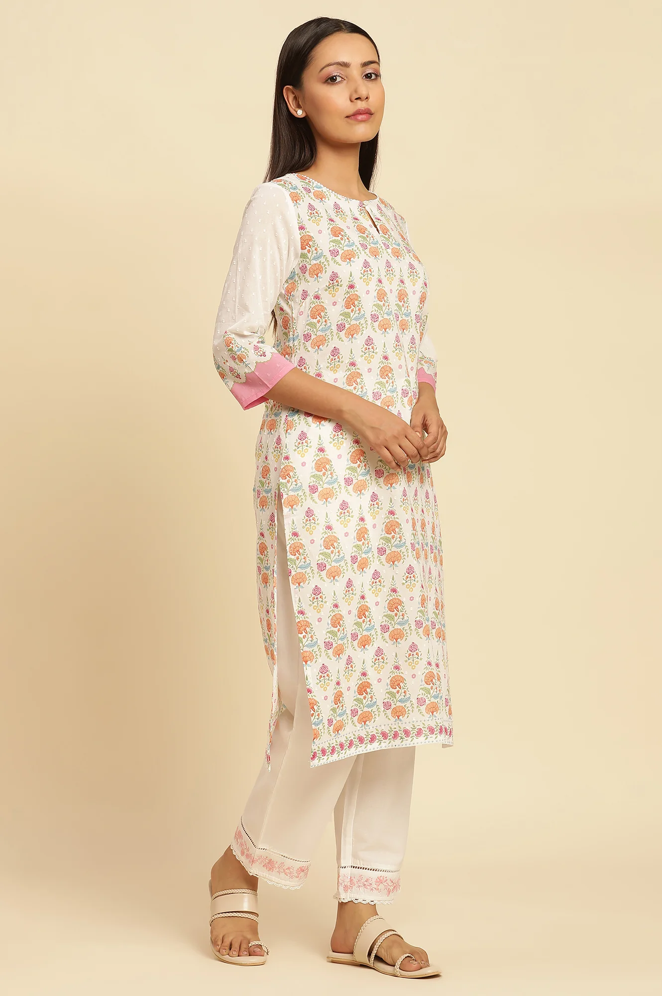 White Cotton A-Line Kurta In Multi-Coloured Print - Image 5