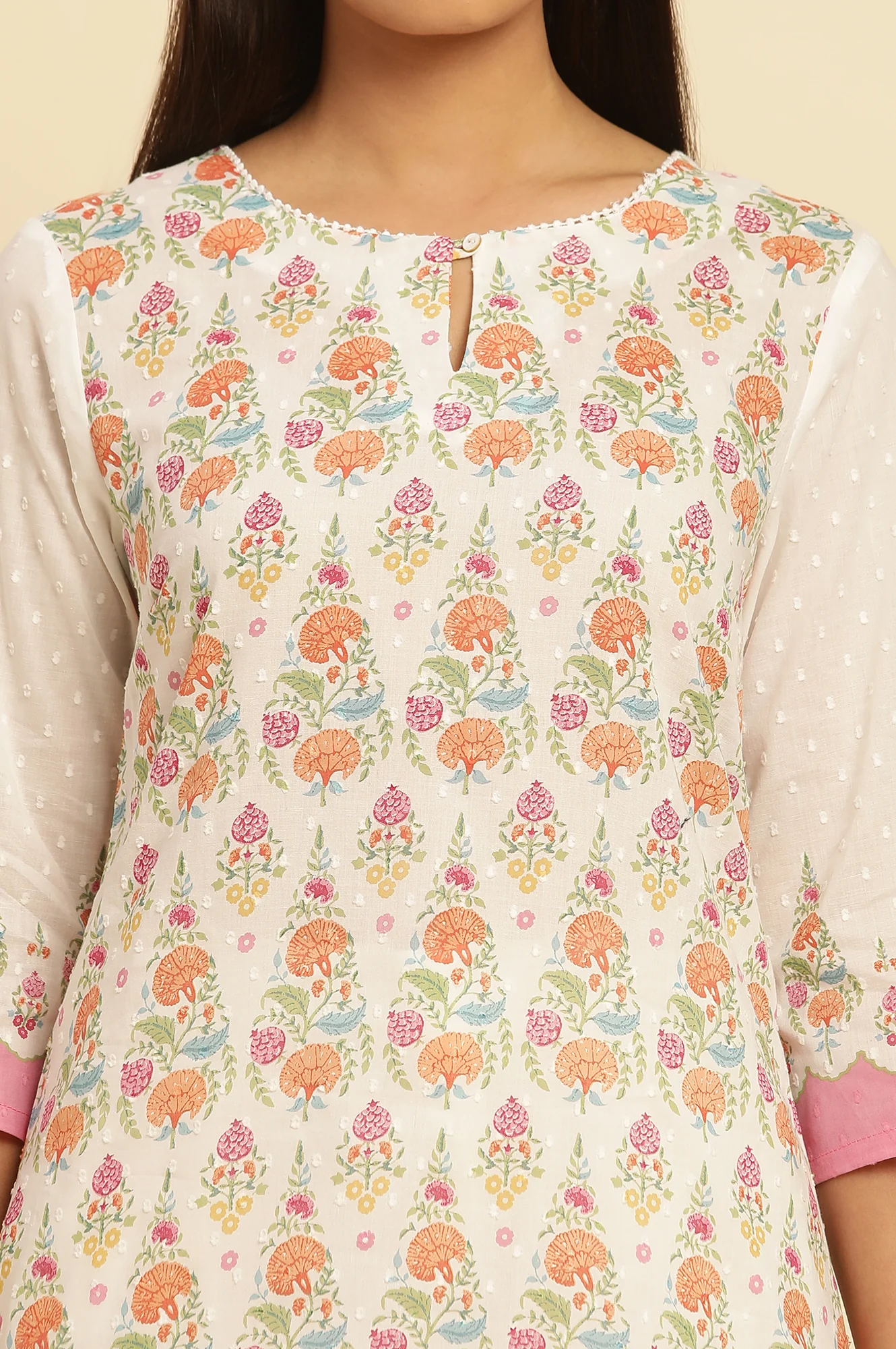 White Cotton A-Line Kurta In Multi-Coloured Print - Image 6